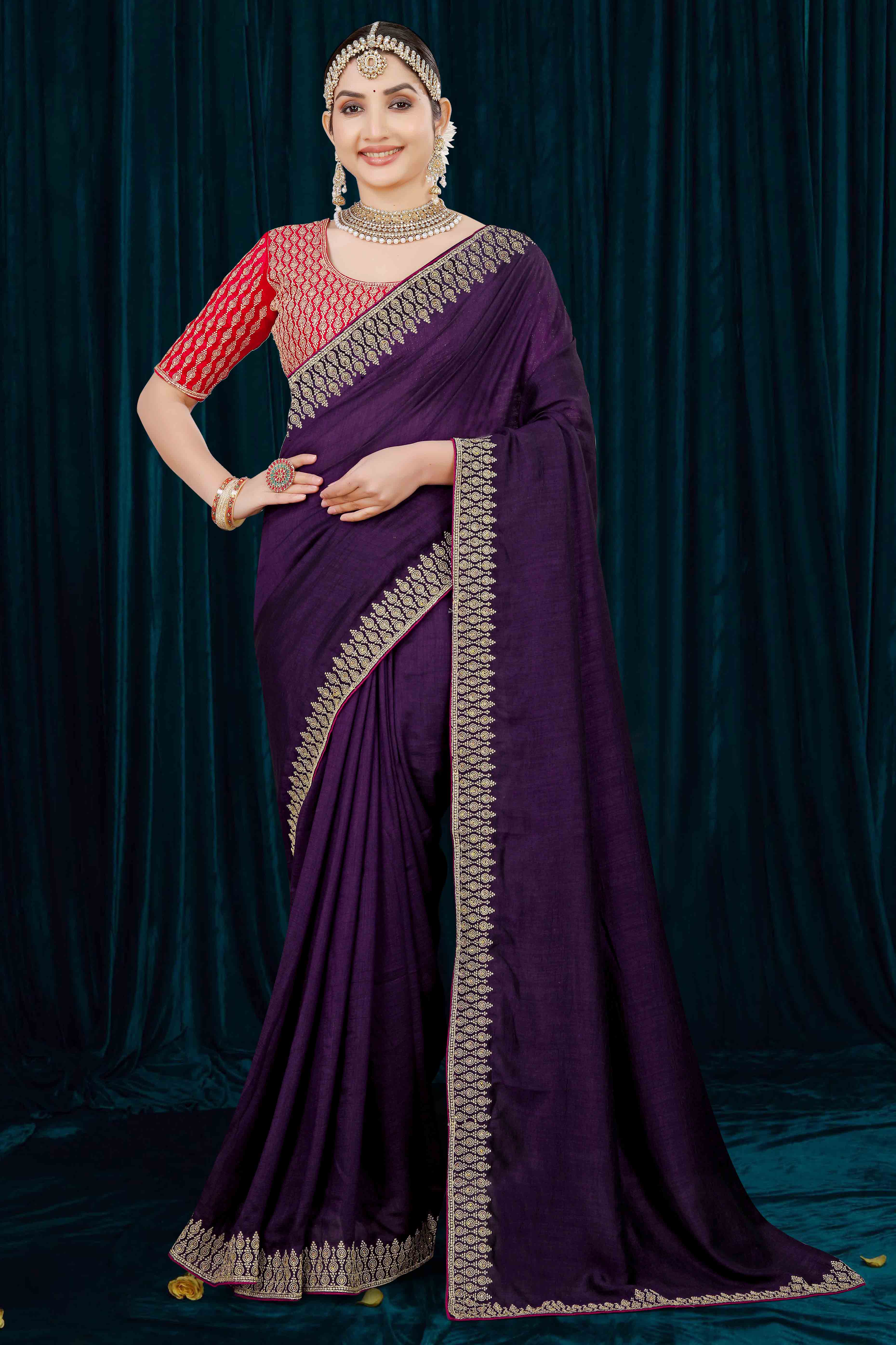 Purple Solid With Zari Embroidered Vichitra Silk Saree