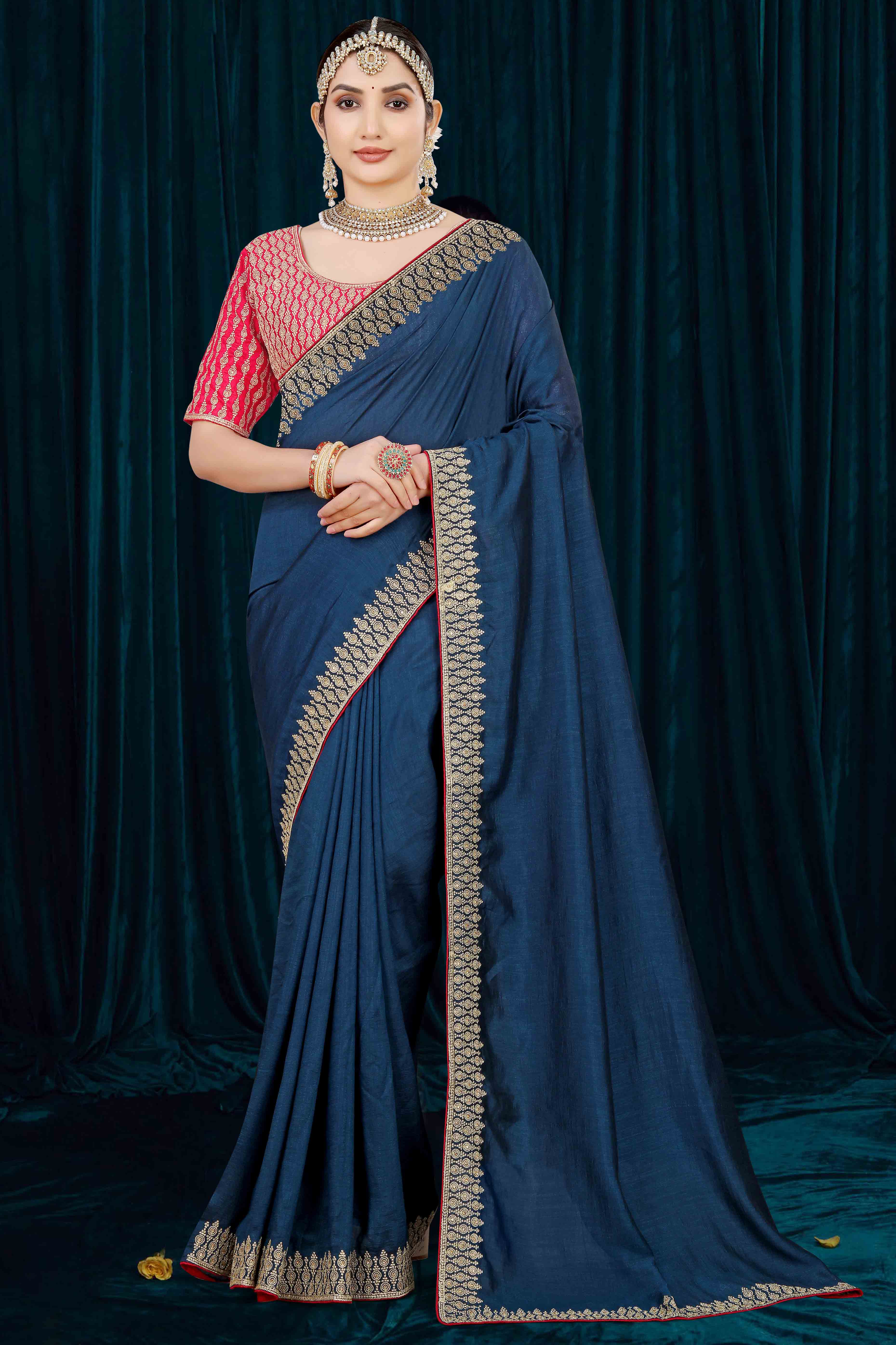 Blue Solid With Zari Embroidered Vichitra Silk Saree