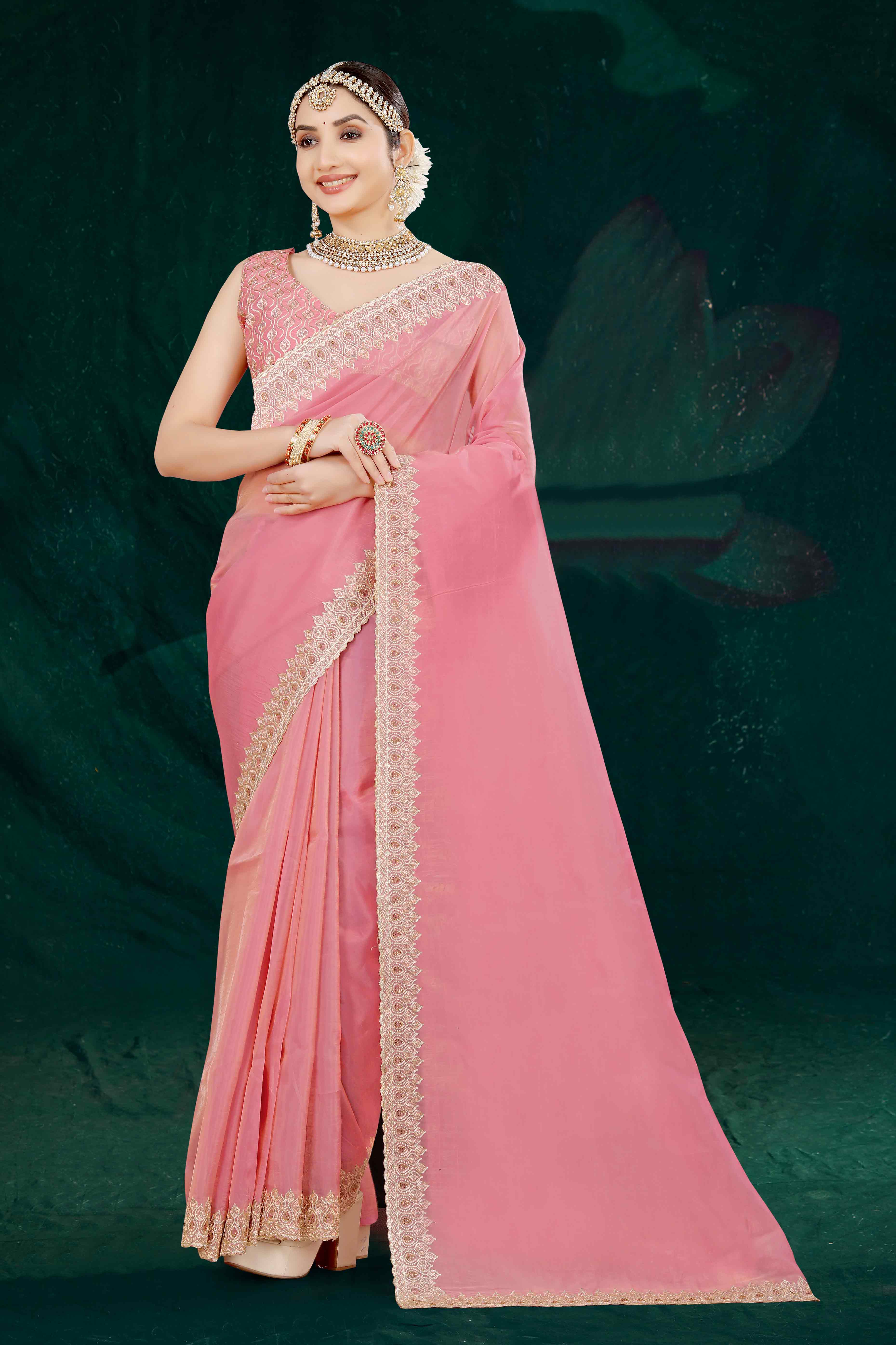 Pink Solid With Swarovski Work Tissue Gold Crush Saree