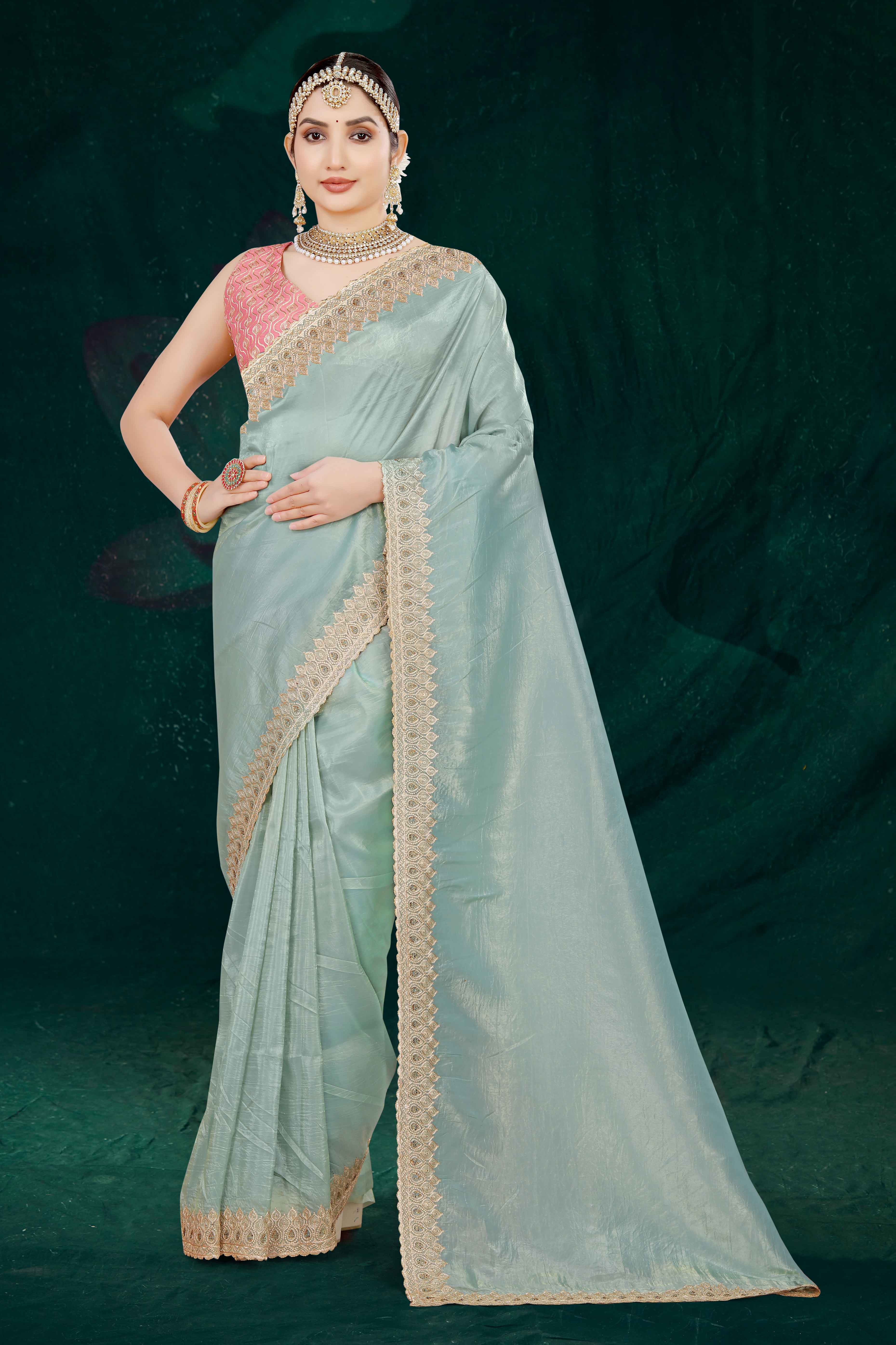 Blue Solid With Swarovski Work Tissue Gold Crush Saree