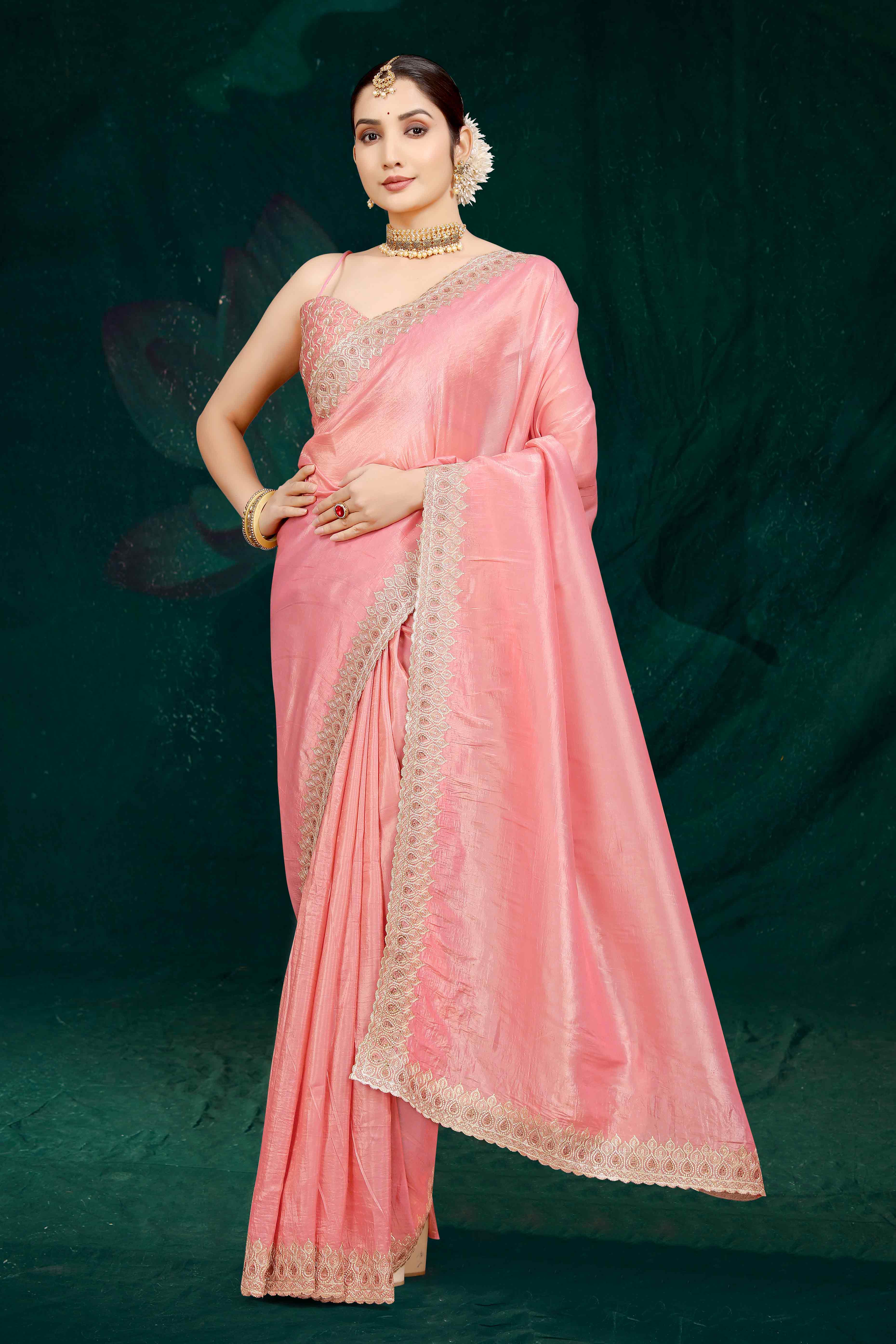 Peach Solid With Swarovski Work Tissue Gold Crush Saree
