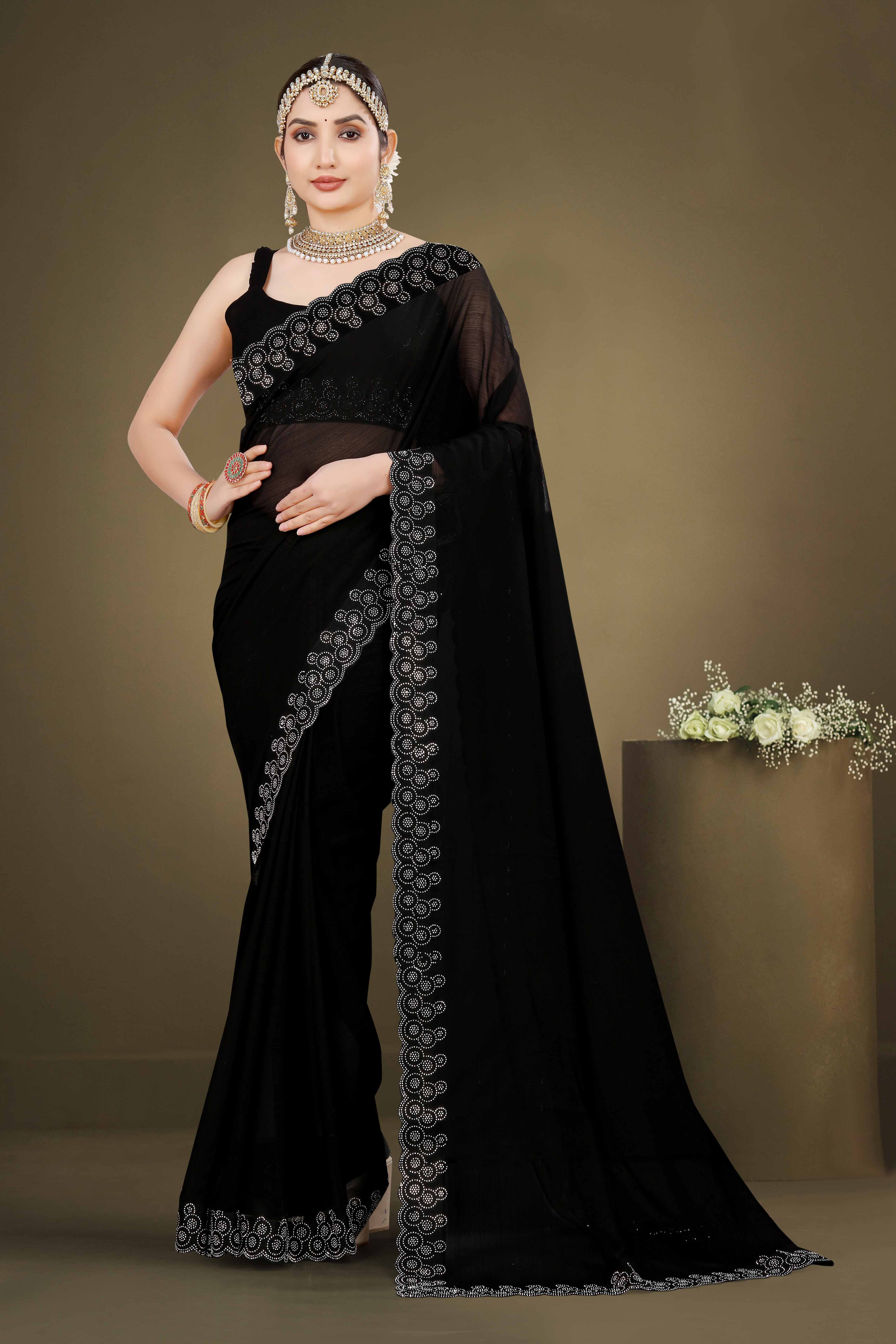 Black Solid With Swarovski Work Chiffon Saree