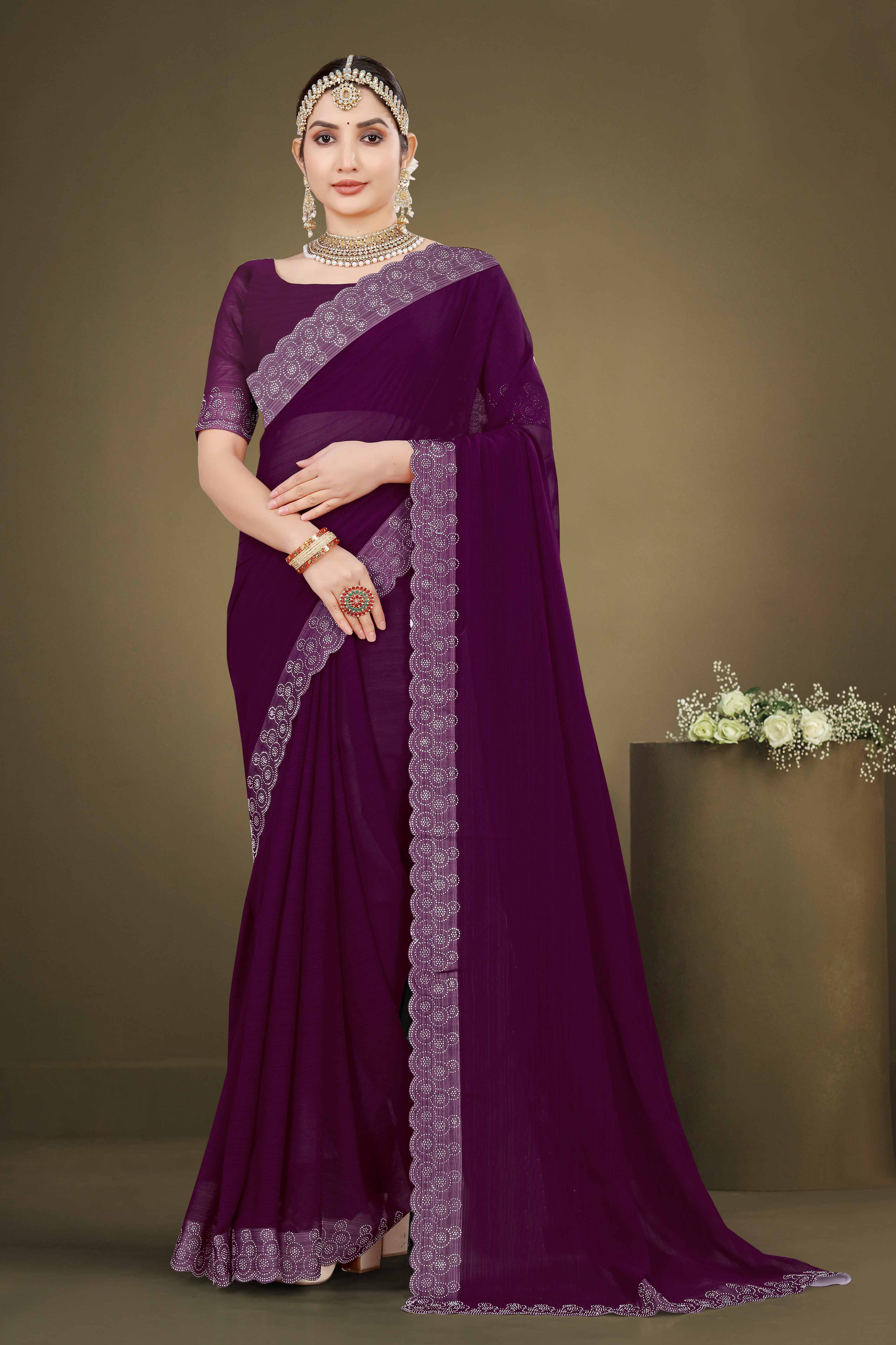 Wine Solid With Swarovski Work Chiffon Saree