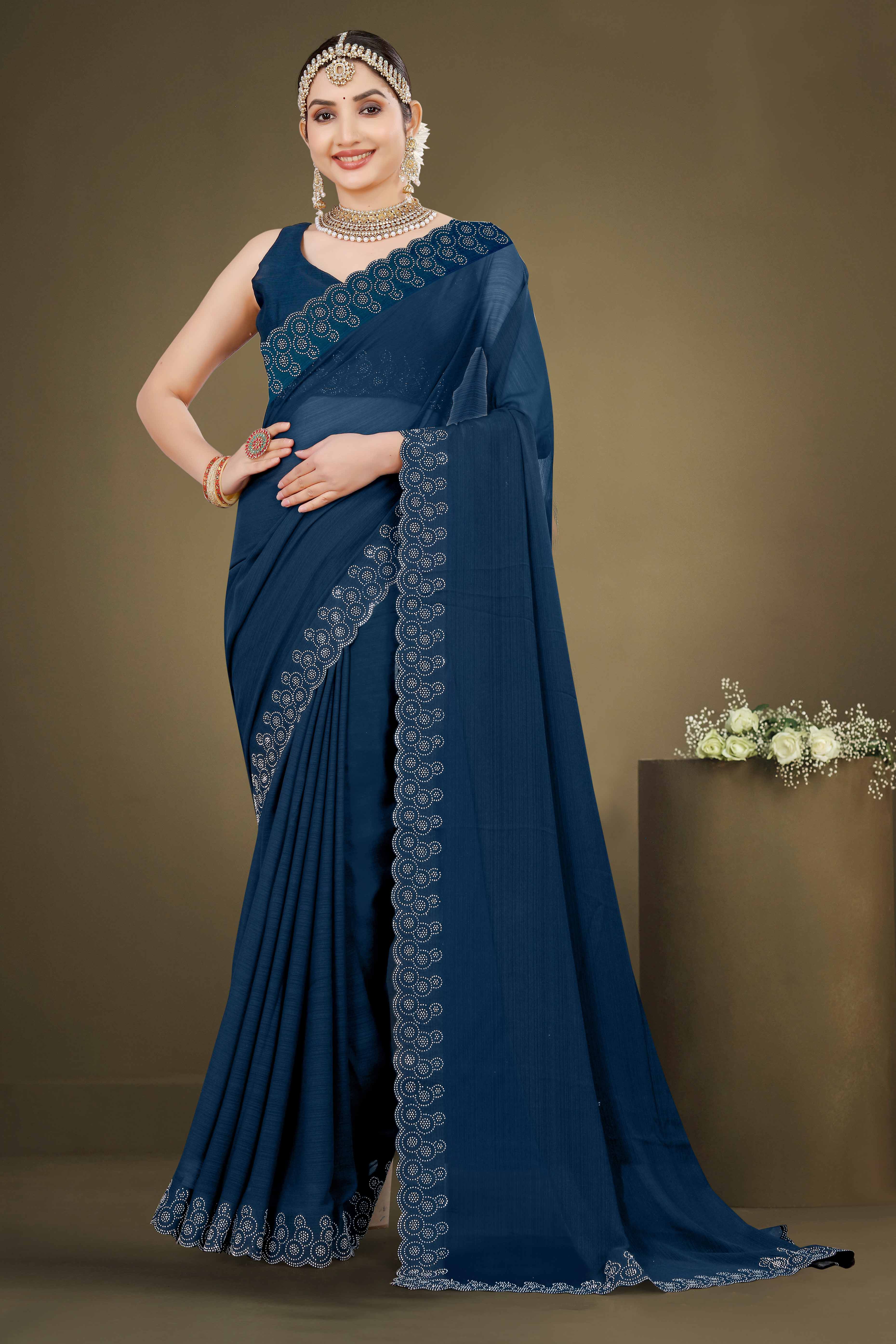 Blue Solid With Swarovski Work Chiffon Saree