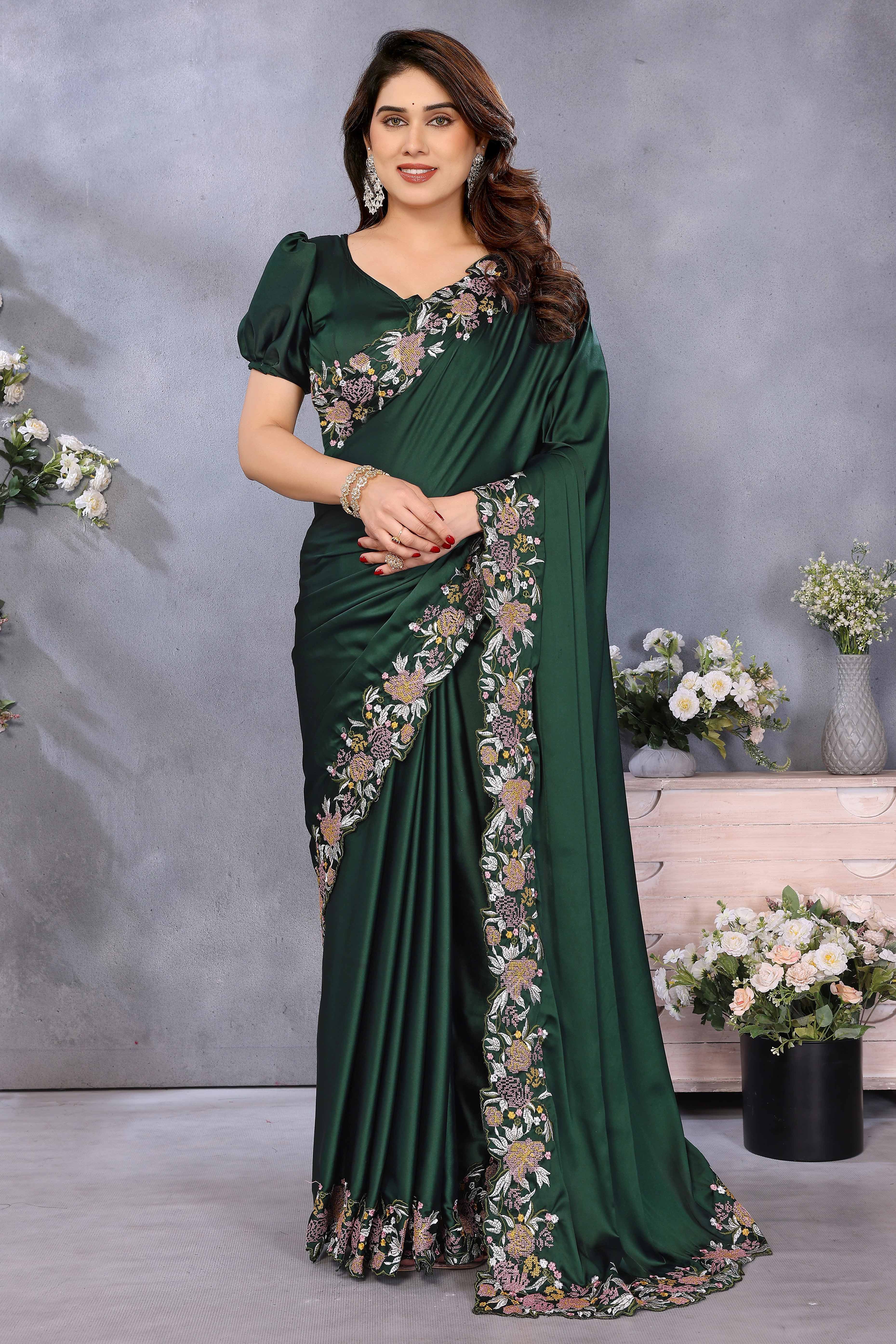 Bottle Green Satin Saree with Delicate Floral Embroidery and Intricate Resham Work