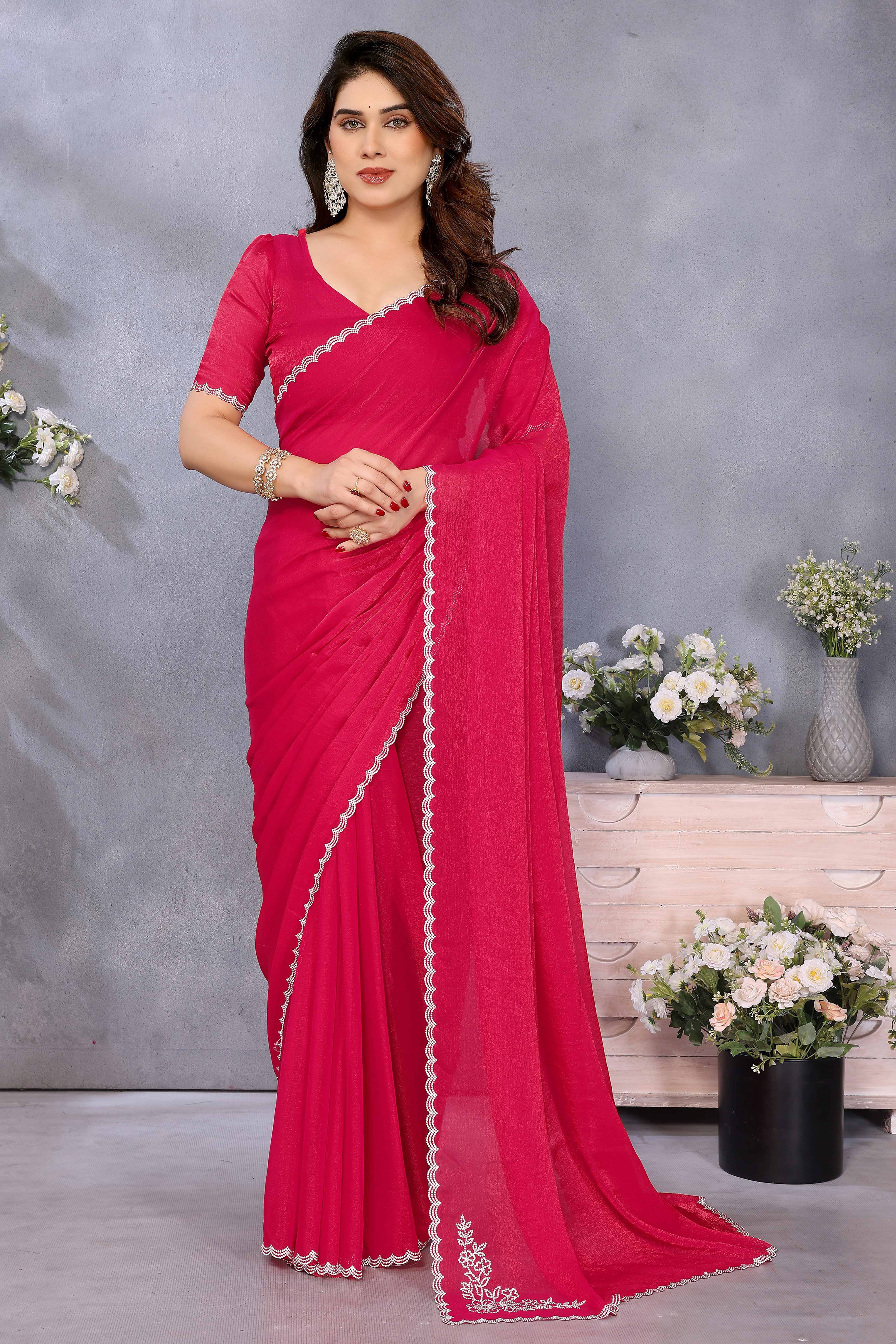 Dark Pink Partywear Chiffon Saree Featuring Intricate Swarovski Stone Embellishment
