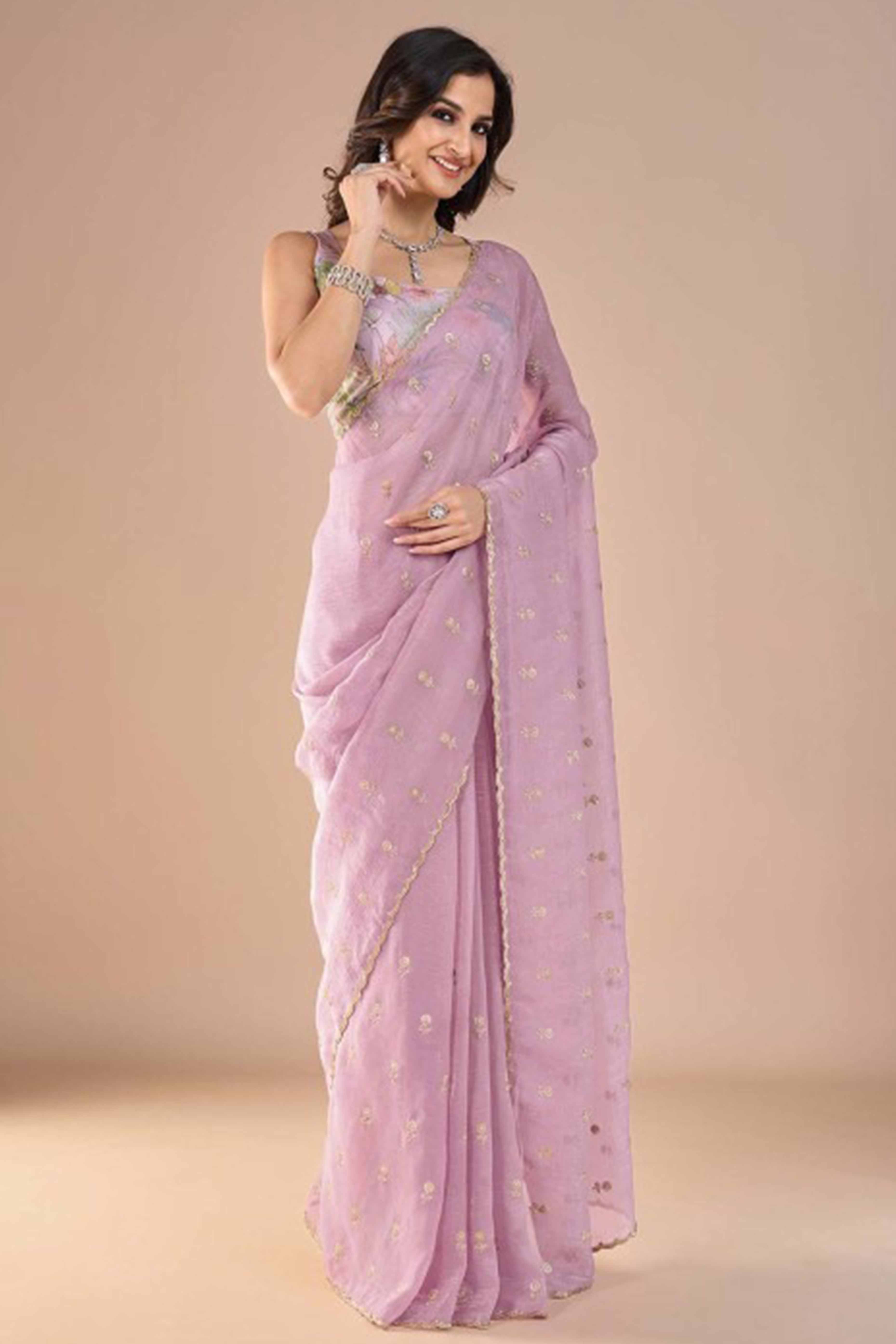 Pink Crunchy Saree Adorned With Floral Sequins Embroidery & Graceful Border Finish