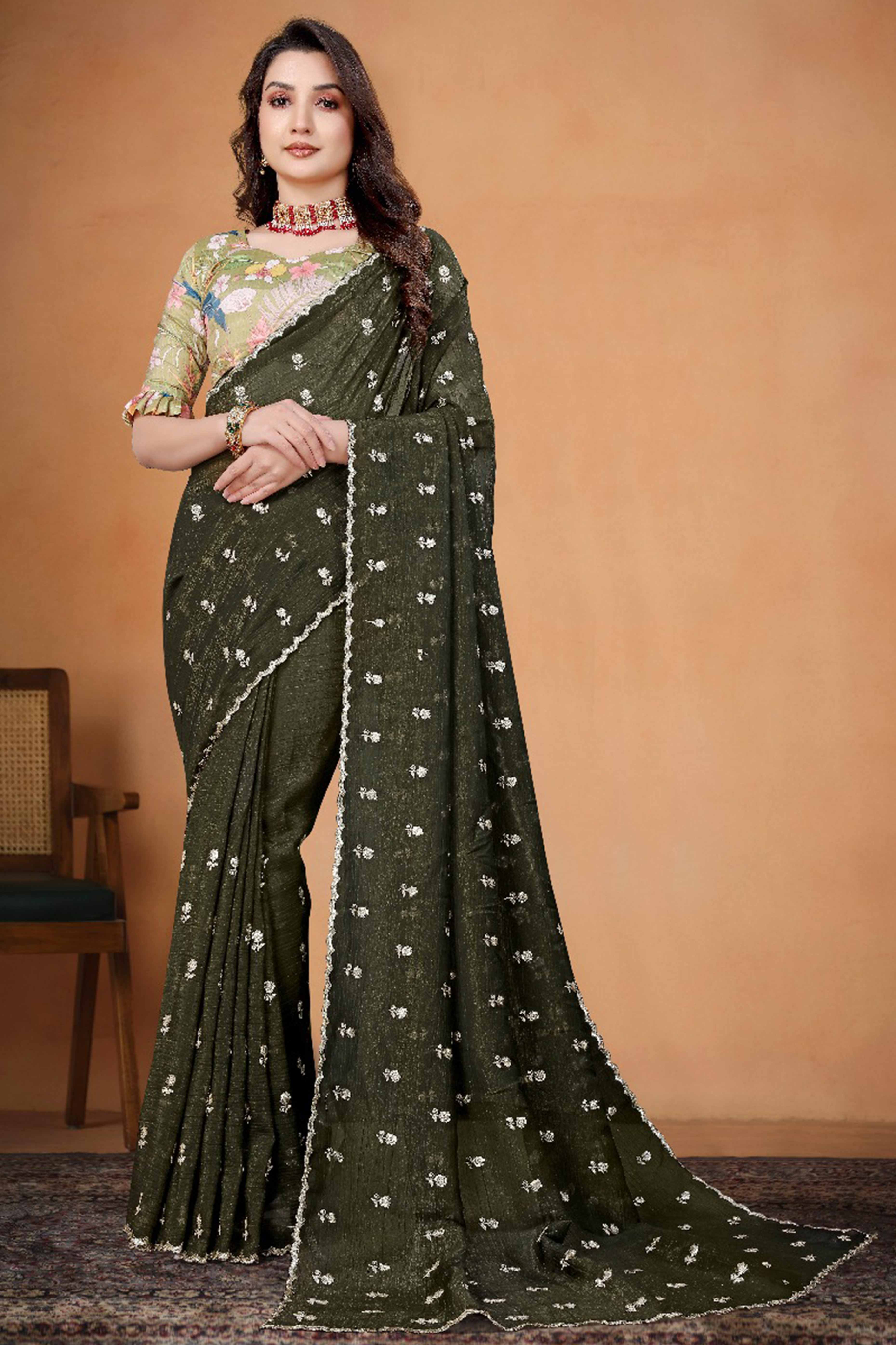 Mehendi Green Crunchy Saree Adorned With Floral Sequins Embroidery & Graceful Border Finish