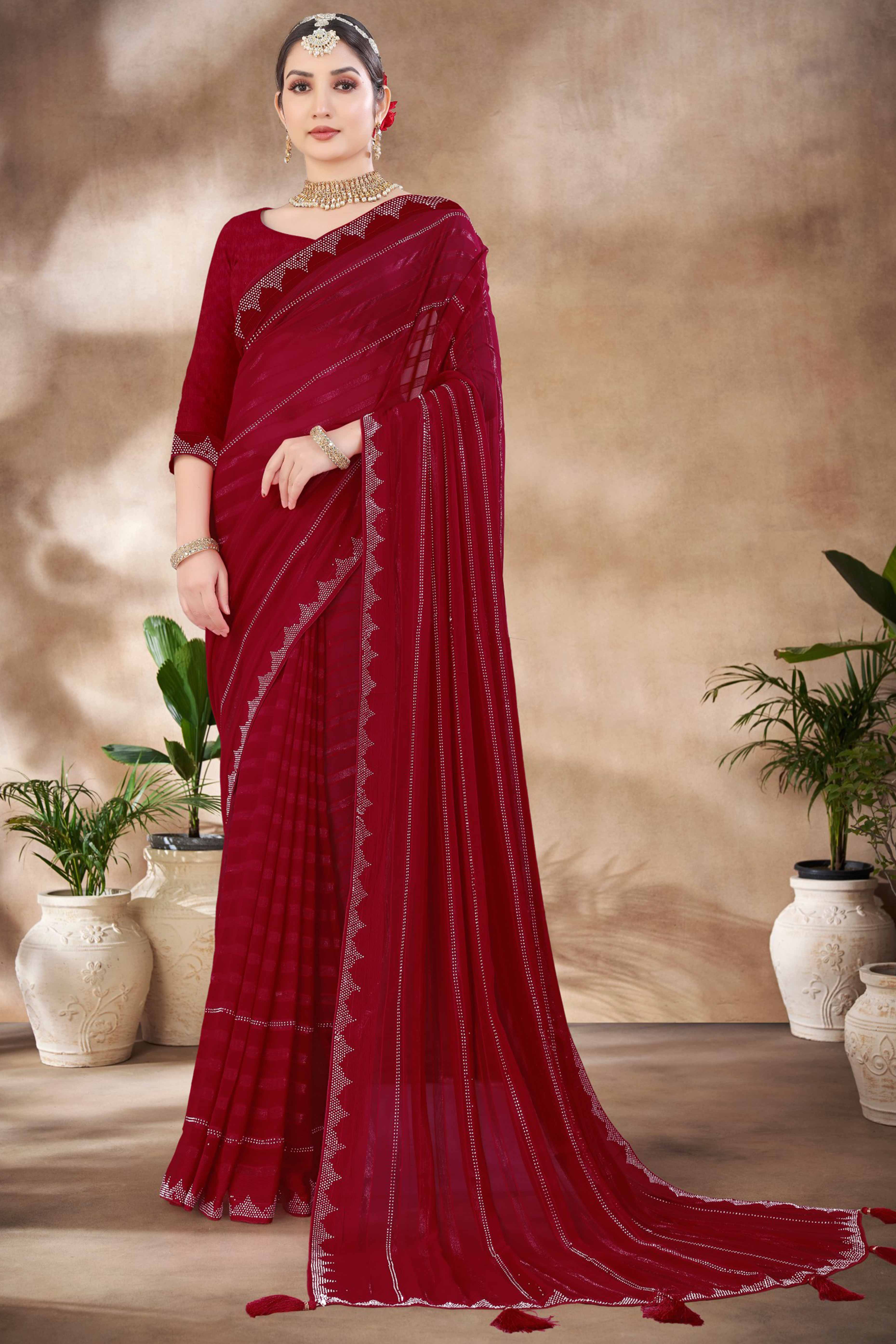 Maroon Chiffon Party Saree Featuring Delicate Stone Embellishments