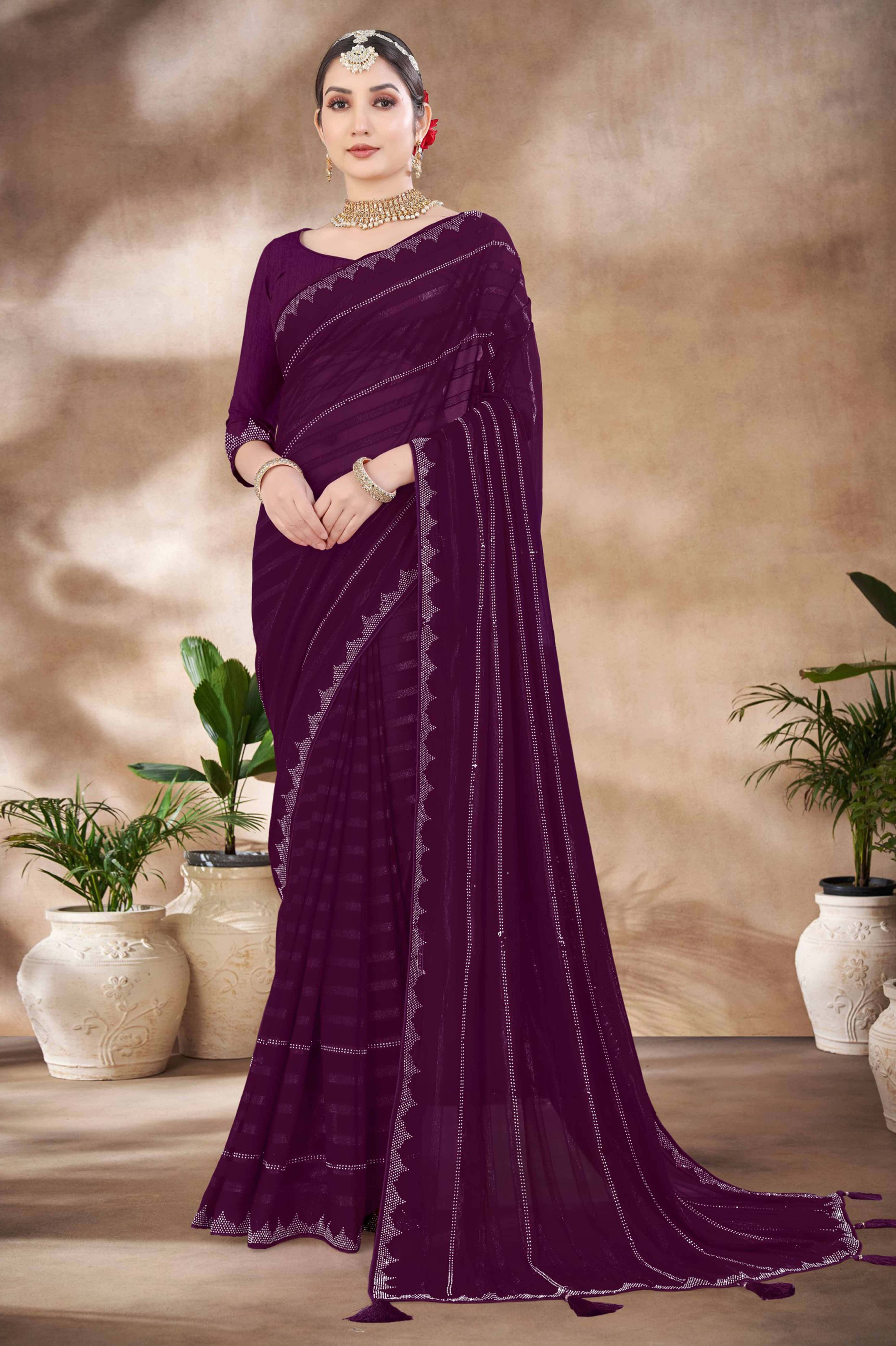 Purple Chiffon Party Saree Featuring Delicate Stone Embellishments