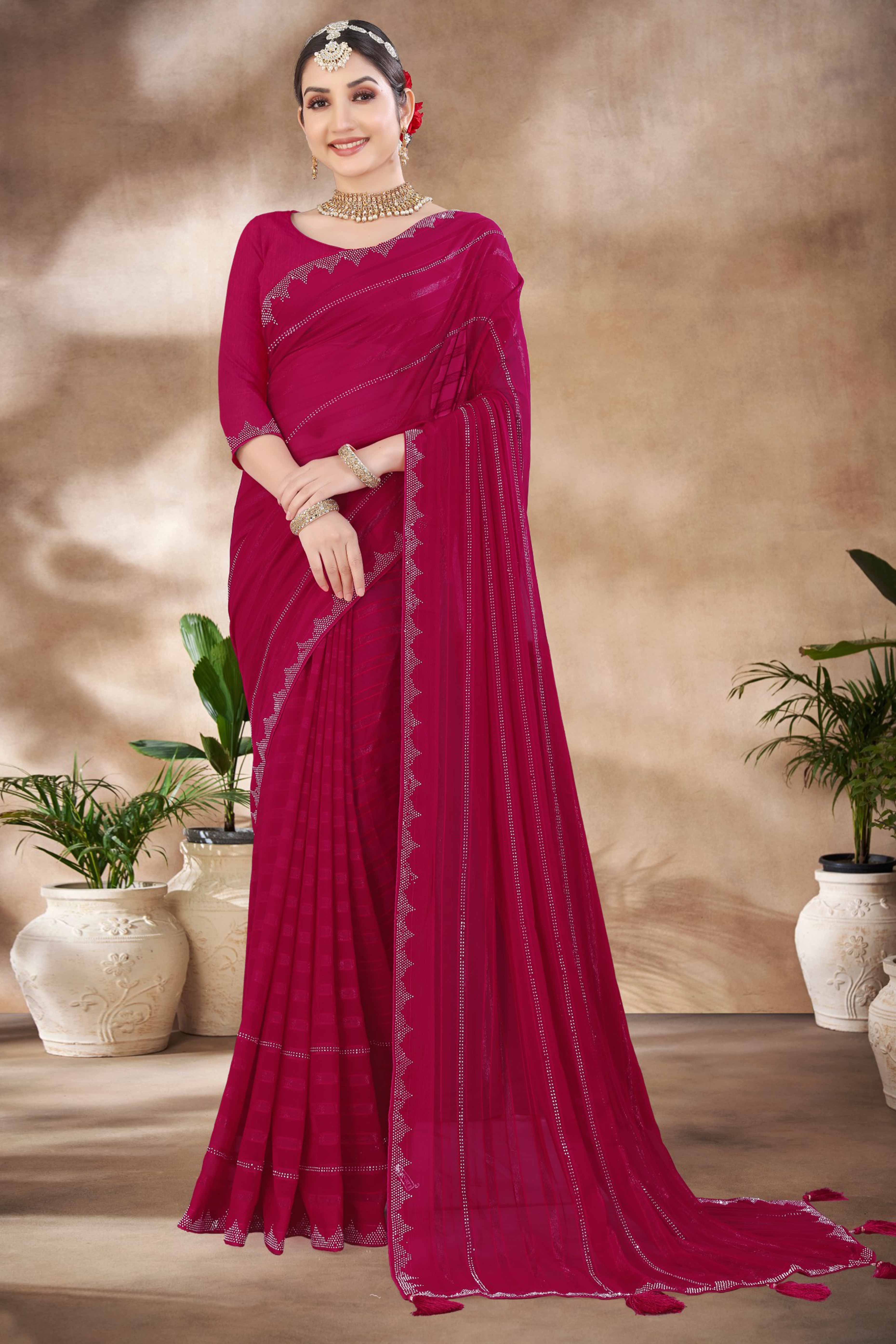 Pink Chiffon Party Saree Featuring Delicate Stone Embellishments
