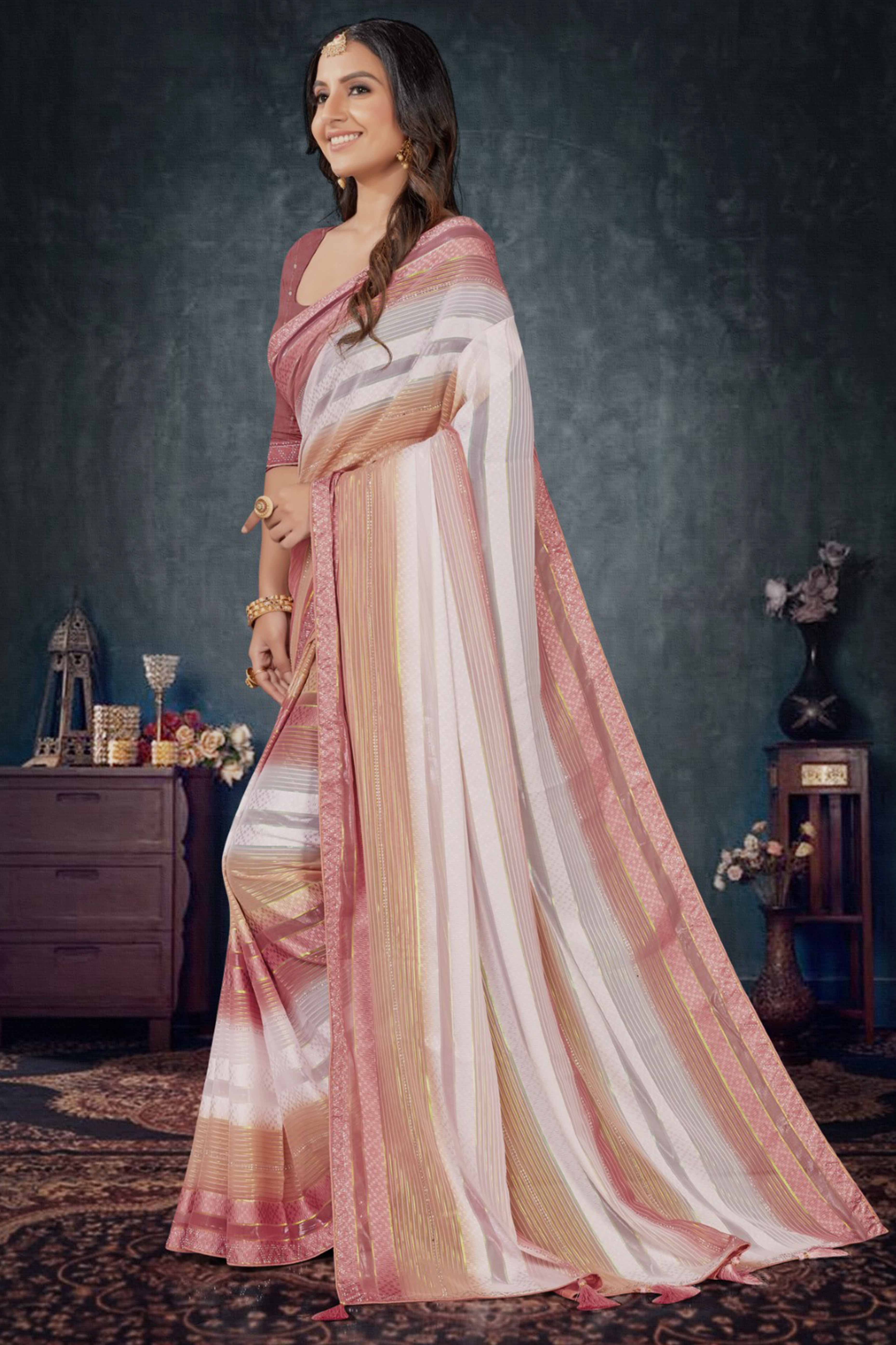 Rose Pink Woven Design Saree Crafted in Sheer and Elegant Poly Georgette