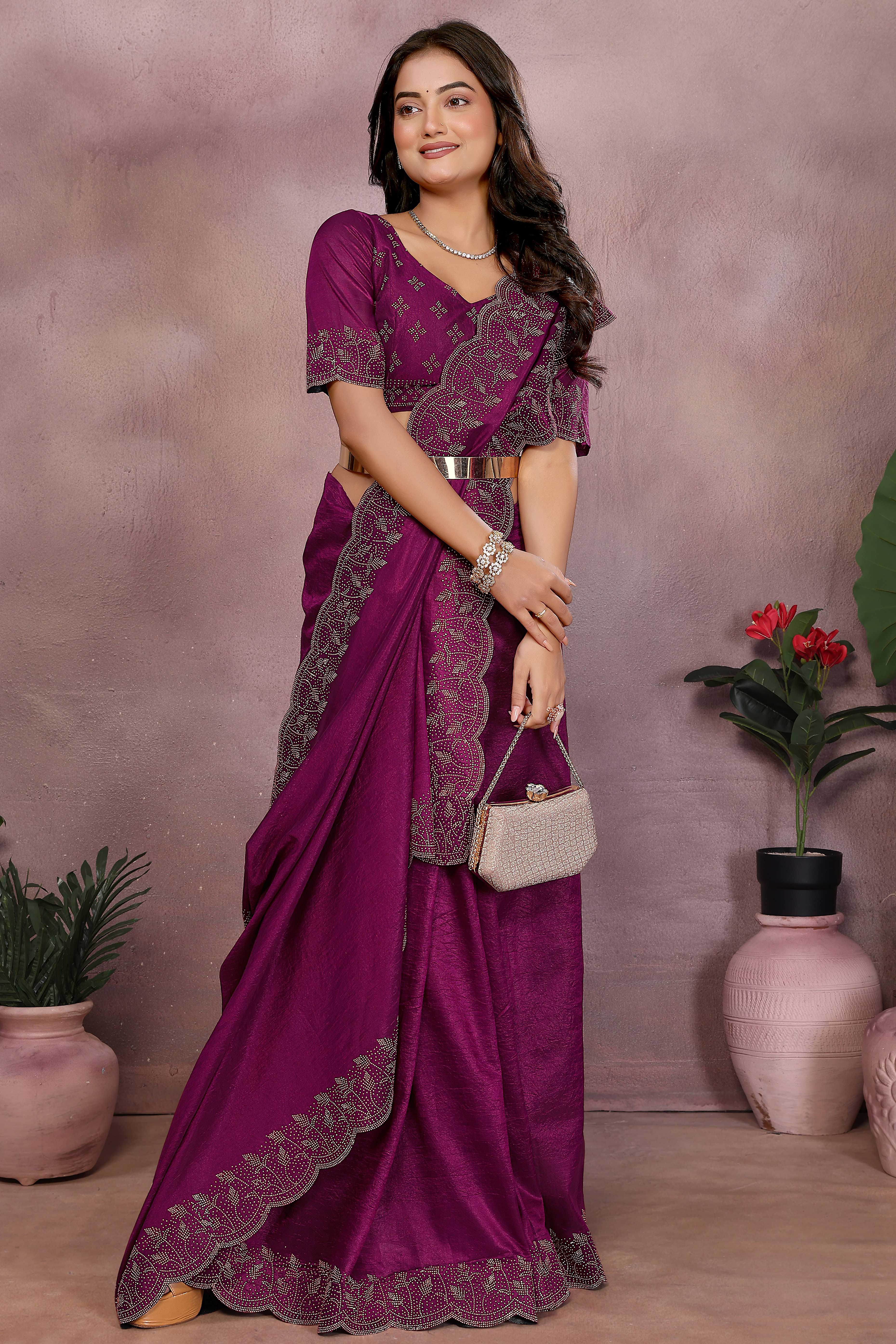 Party Ready Magenta Imported Lycra Saree with Glittering Stone Embroidery