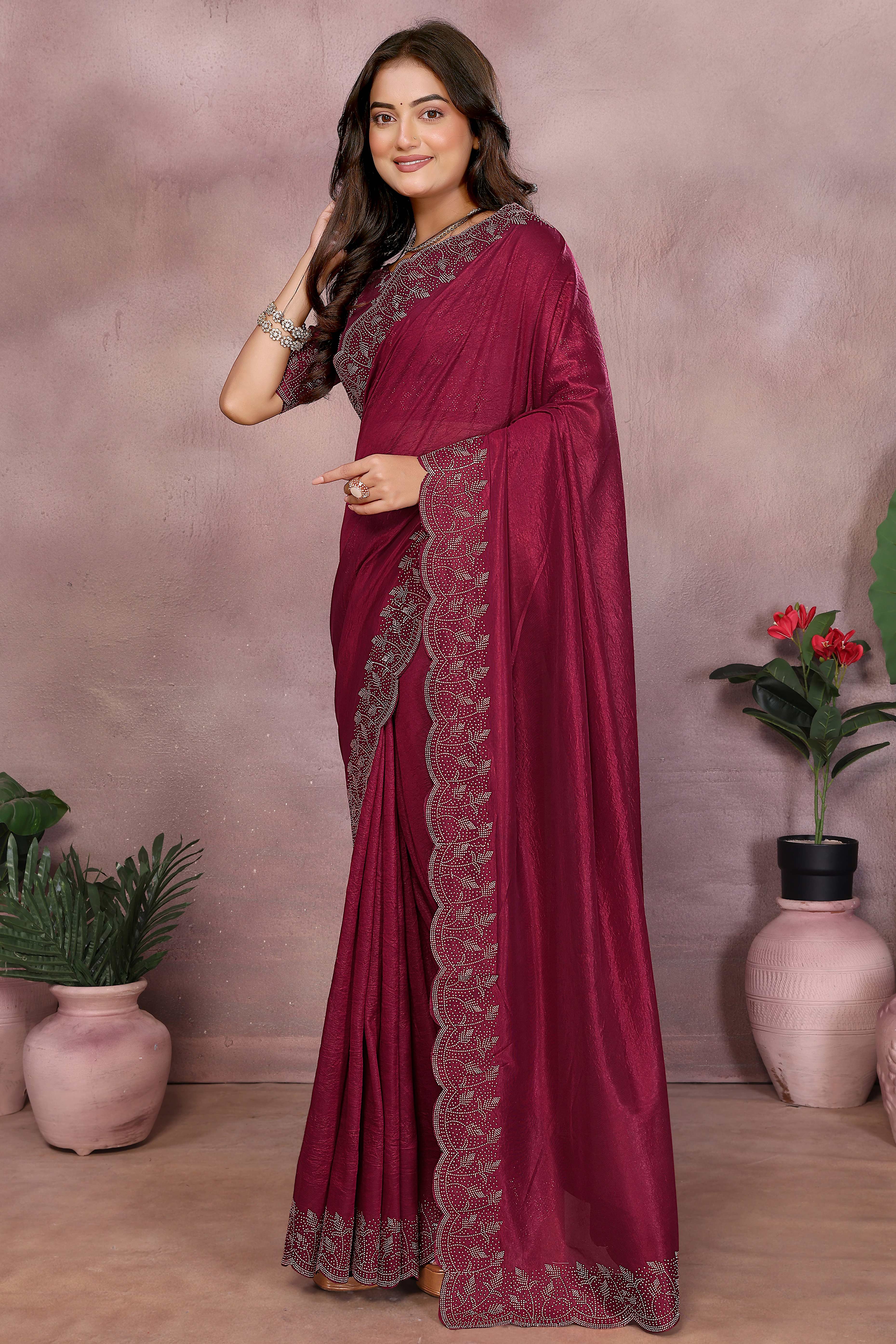 Party Ready Wine Imported Lycra Saree with Glittering Stone Embroidery