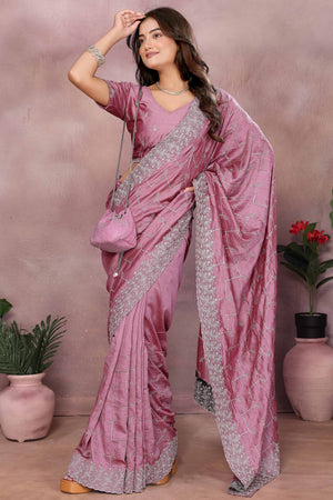 Modern Mauve Embroidered Vichitra Silk Saree for Weddings and Festive Occasions