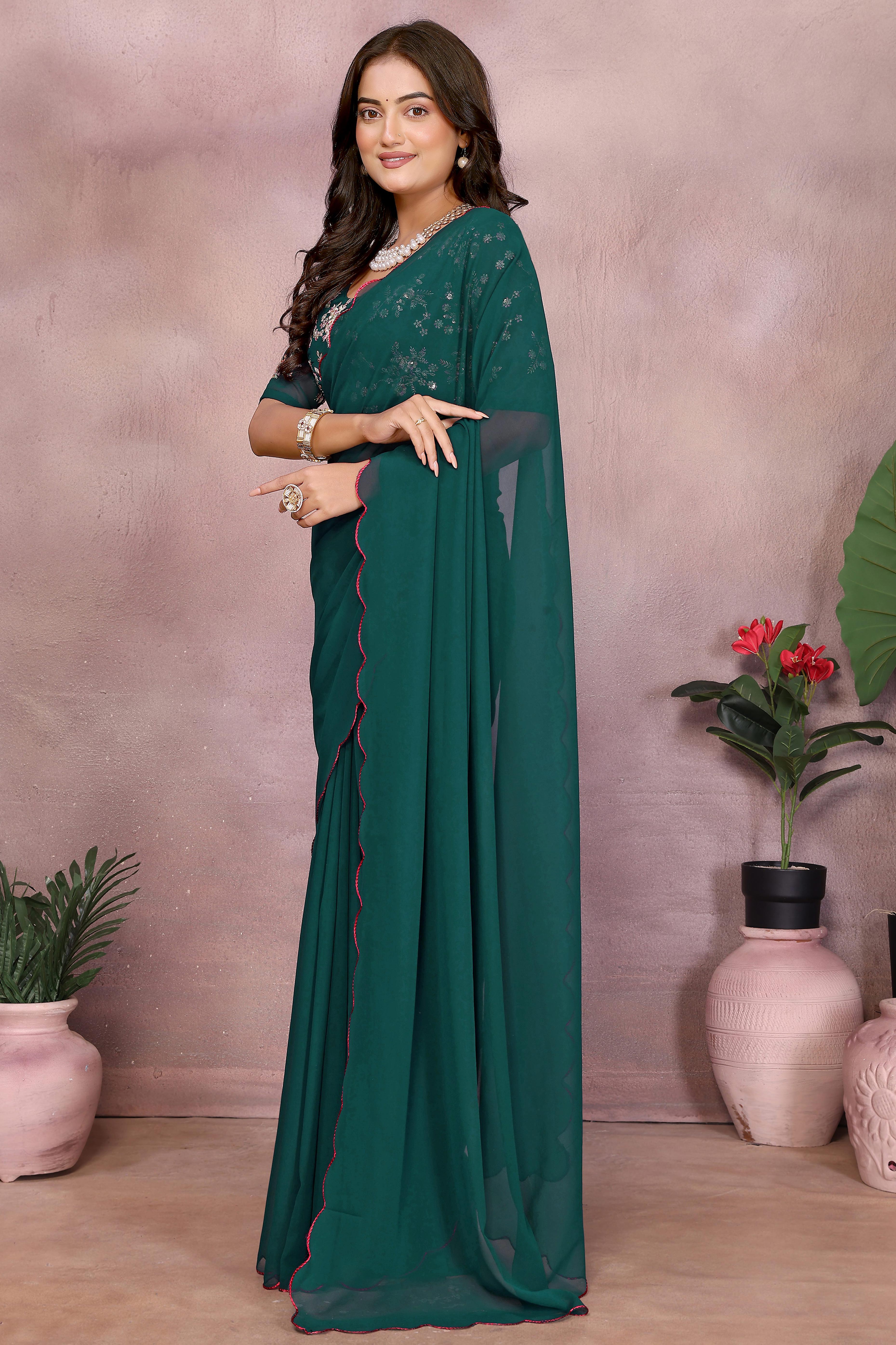 Sophisticated Morpich Green Party Wear Saree in Flowing Georgette Fabric With Embellished Blouse