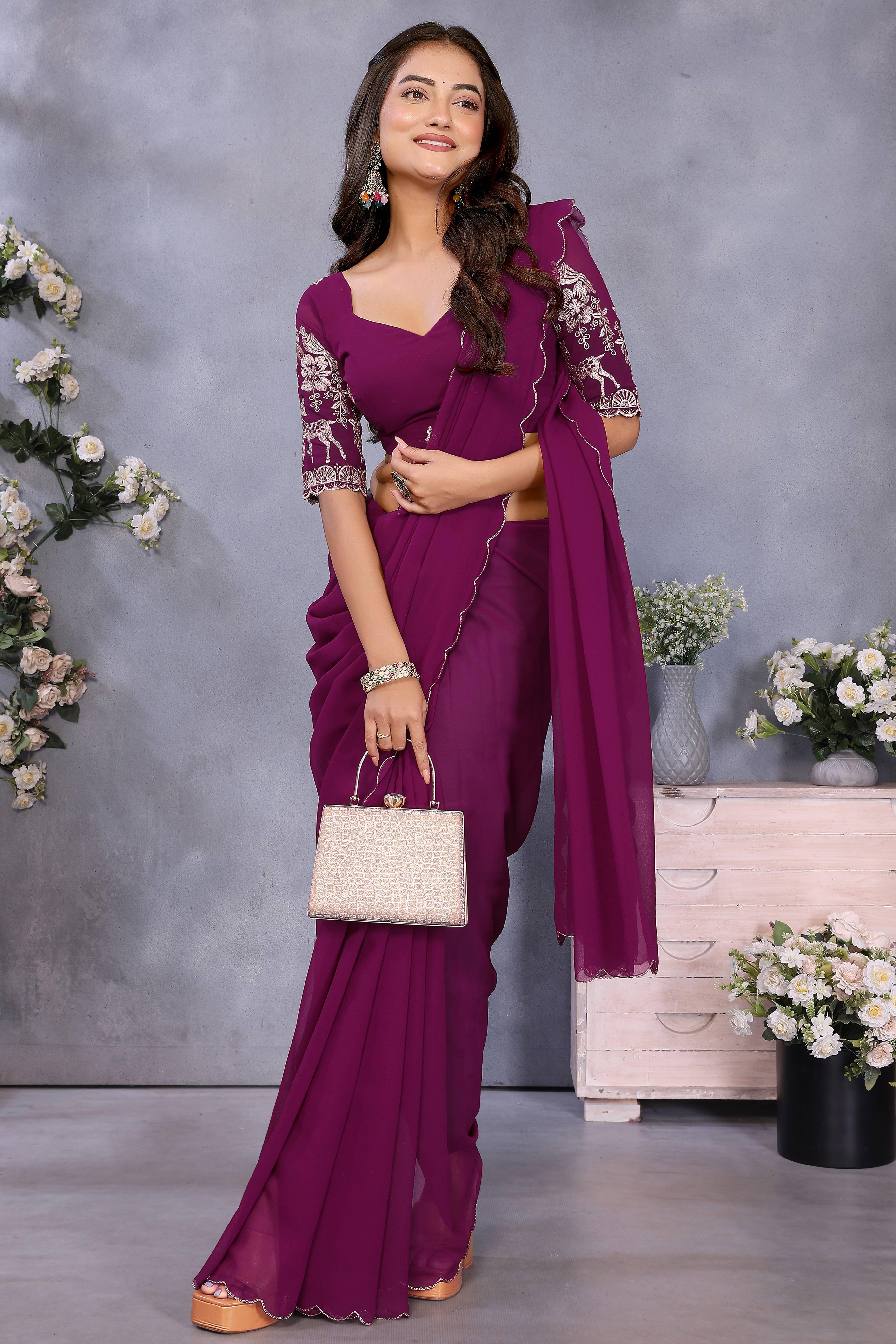 Sophisticated Purple Party Wear Saree in Flowing Georgette Fabric With Embellished Blouse