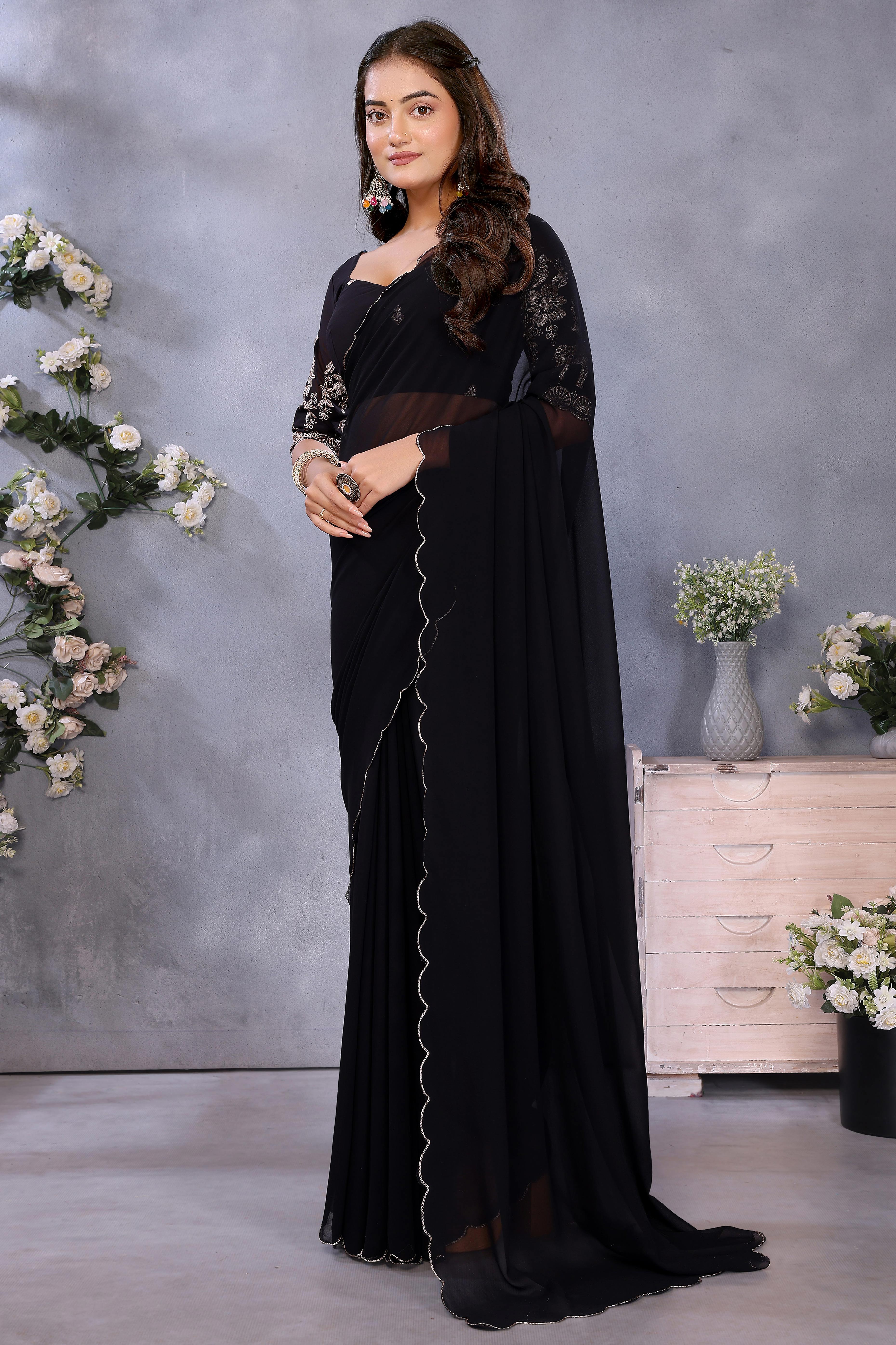 Sophisticated Black Party Wear Saree in Flowing Georgette Fabric With Embellished Blouse