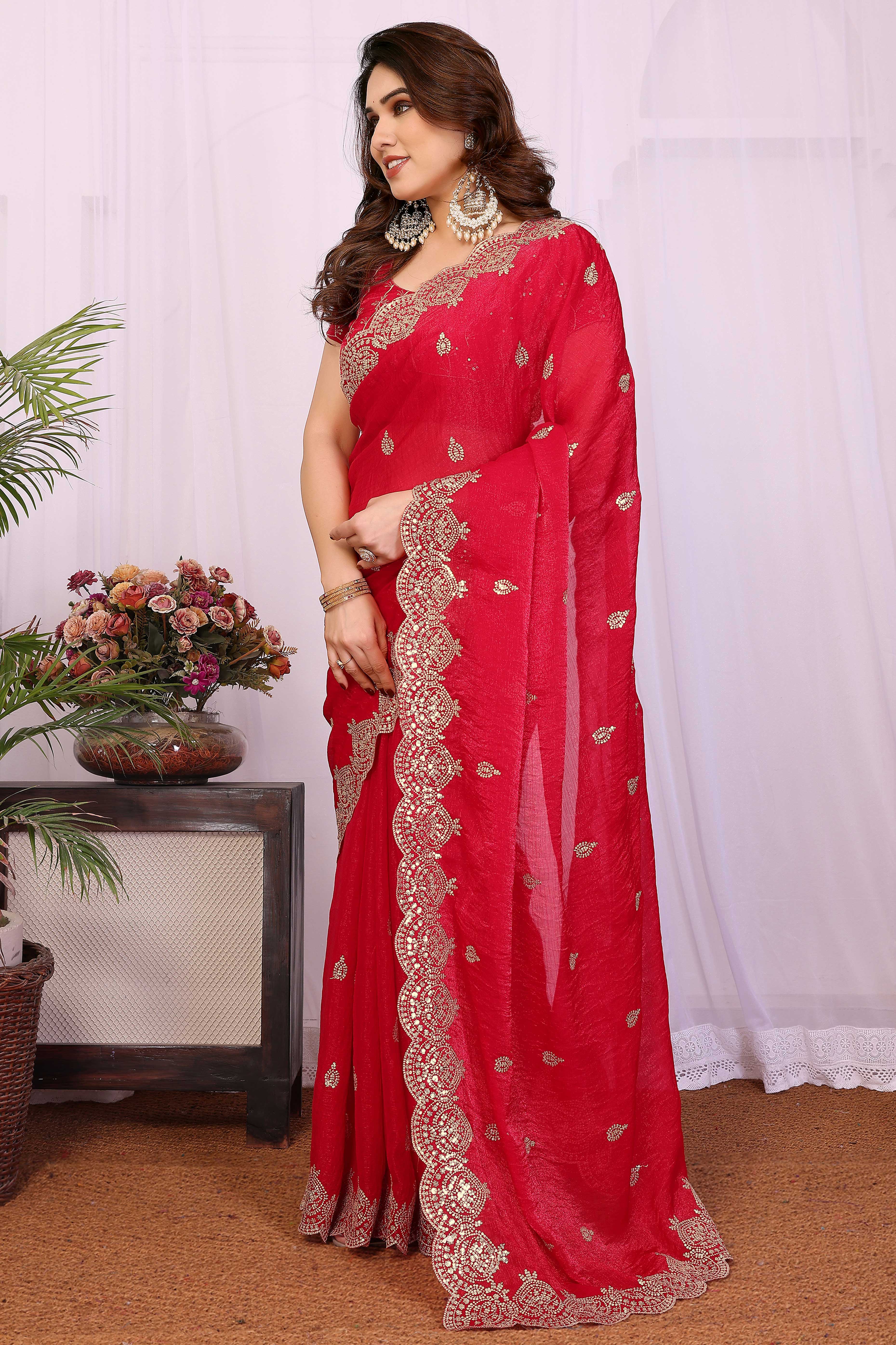 Red Sequins Work Embroidered Chiffon Saree Elegant Partywear
