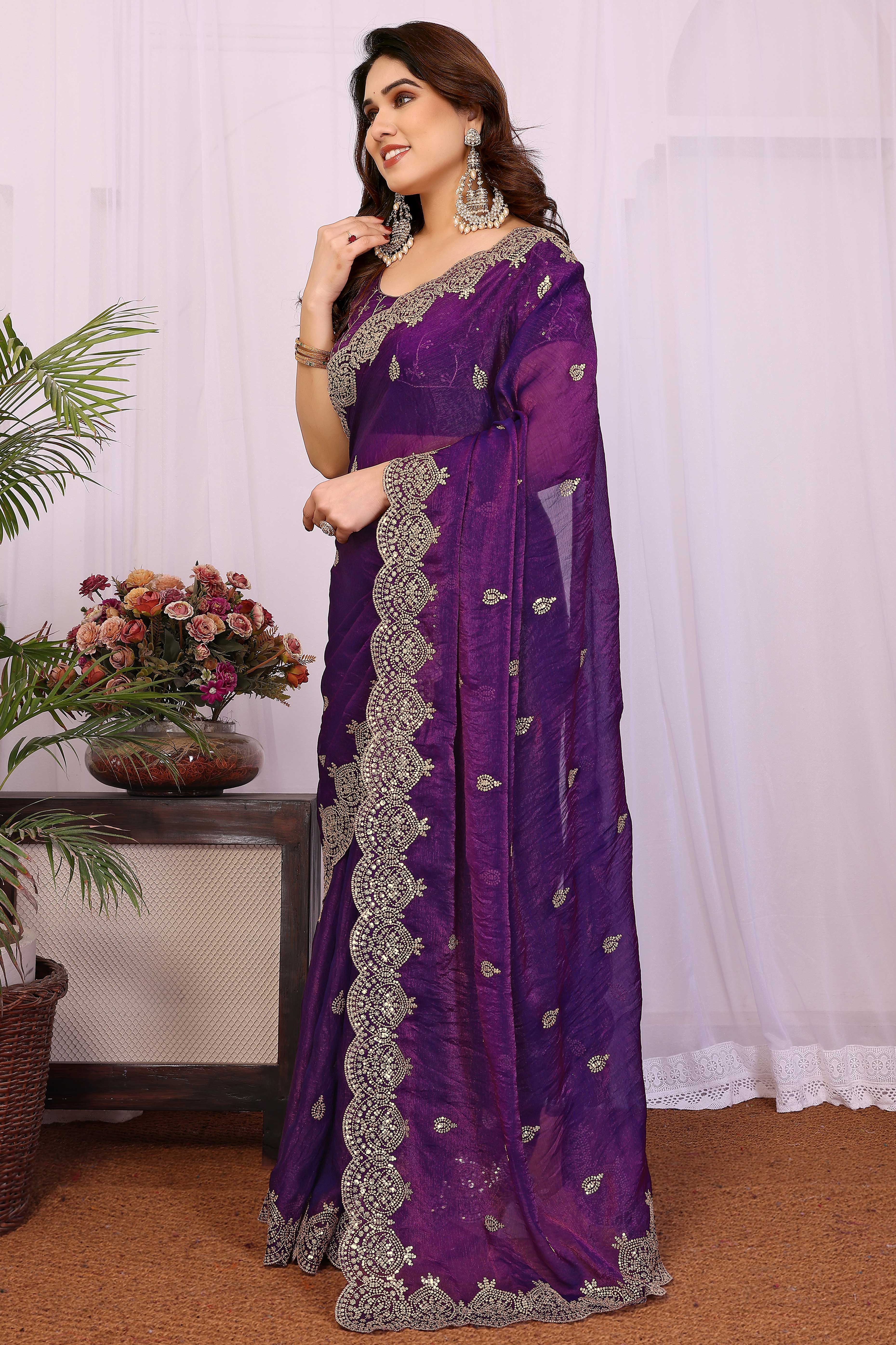 Violet Sequins Work Embroidered Chiffon Partywear Saree with Graceful Shine and Soft Texture