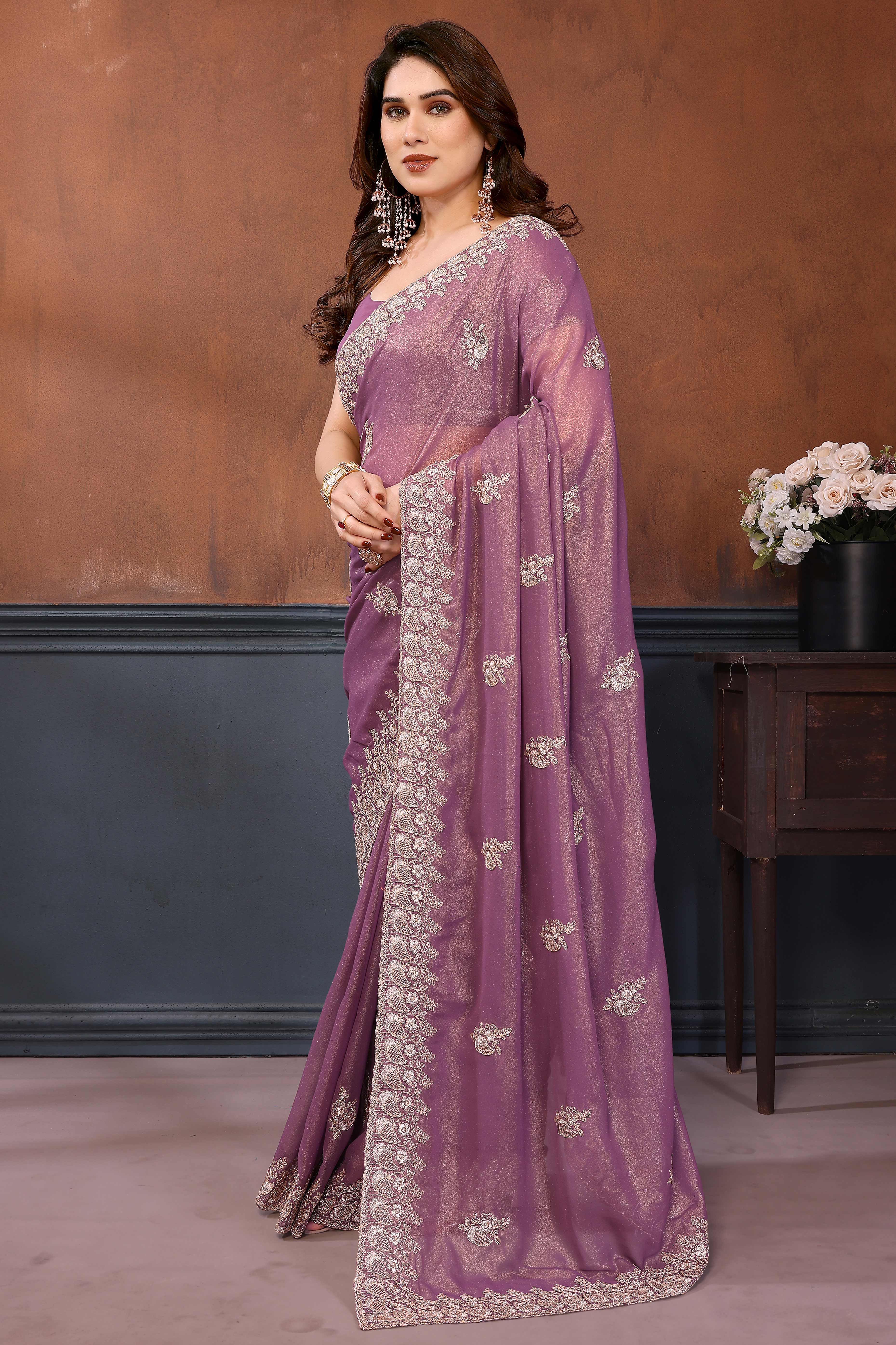 Mauve Thread Work Embroidered Georgette Partywear Saree with Intricate Detailing