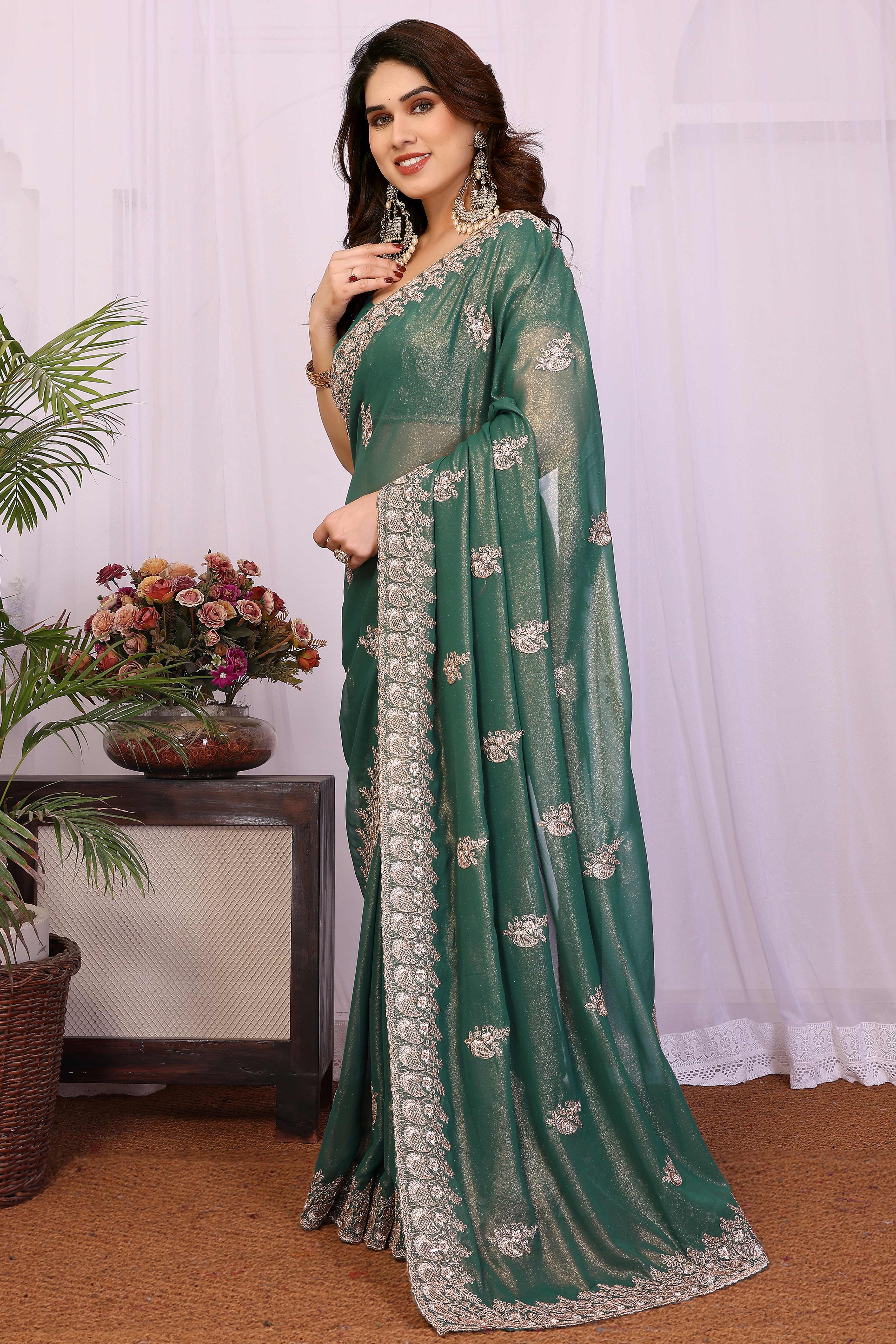 Green Thread Work Embroidered Georgette Saree Elegant Partywear with Fine Embroidery