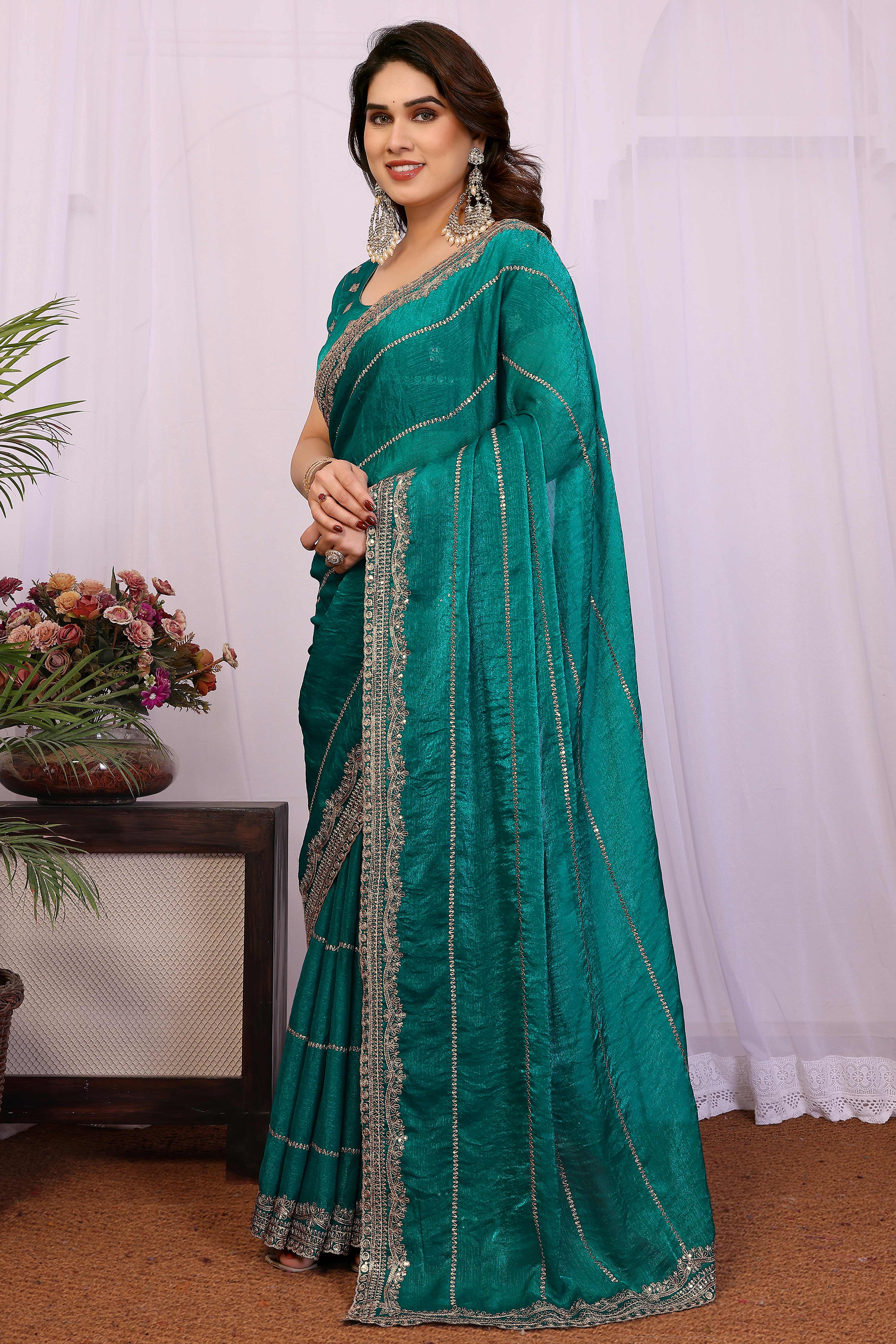 Rama Green Sequins Work Embroidered Chiffon Partywear Saree with Stylish Shimmer Finish