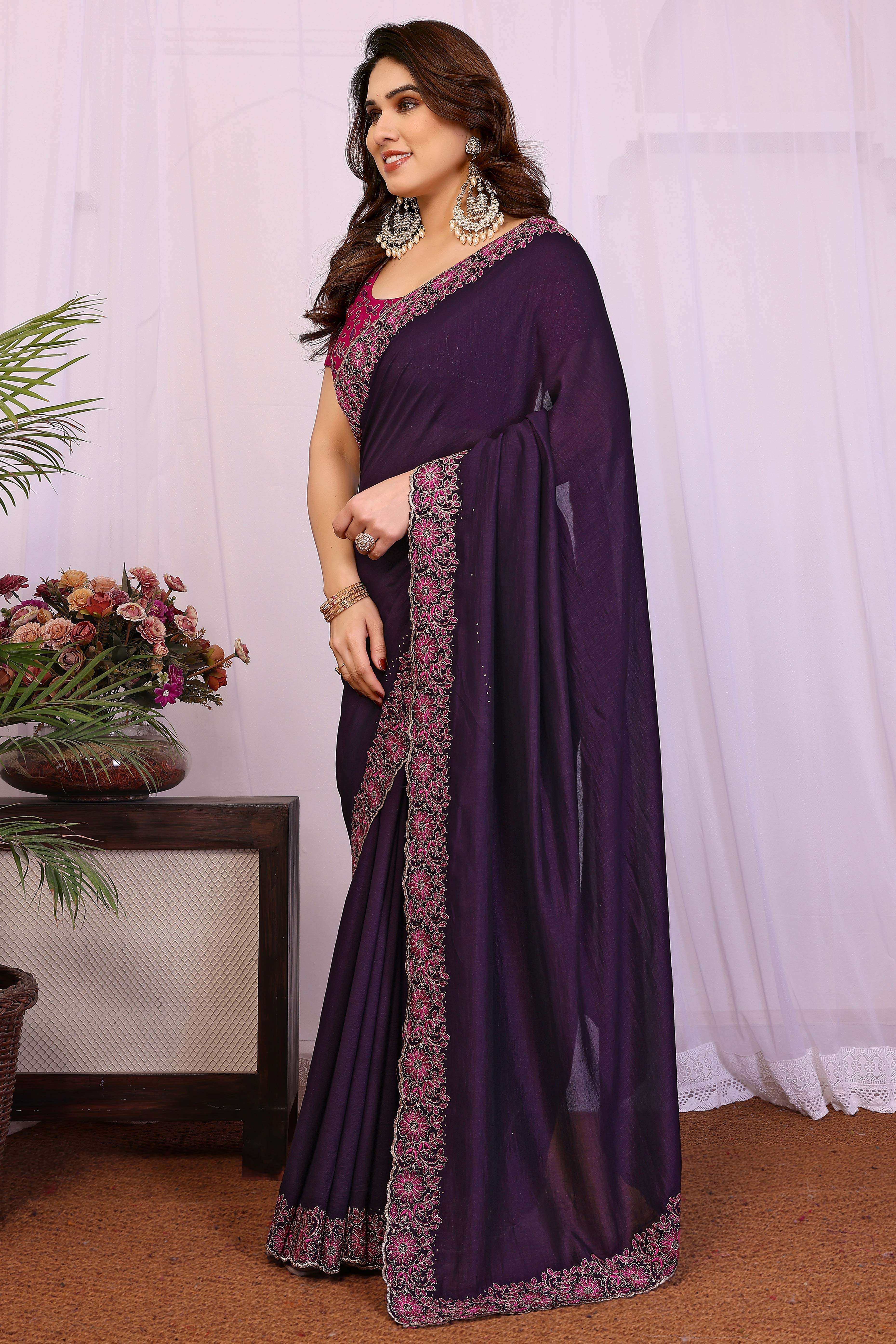 Purple Thread Work Embroidered Vichitra Silk Partywear Saree with Lustrous Finish