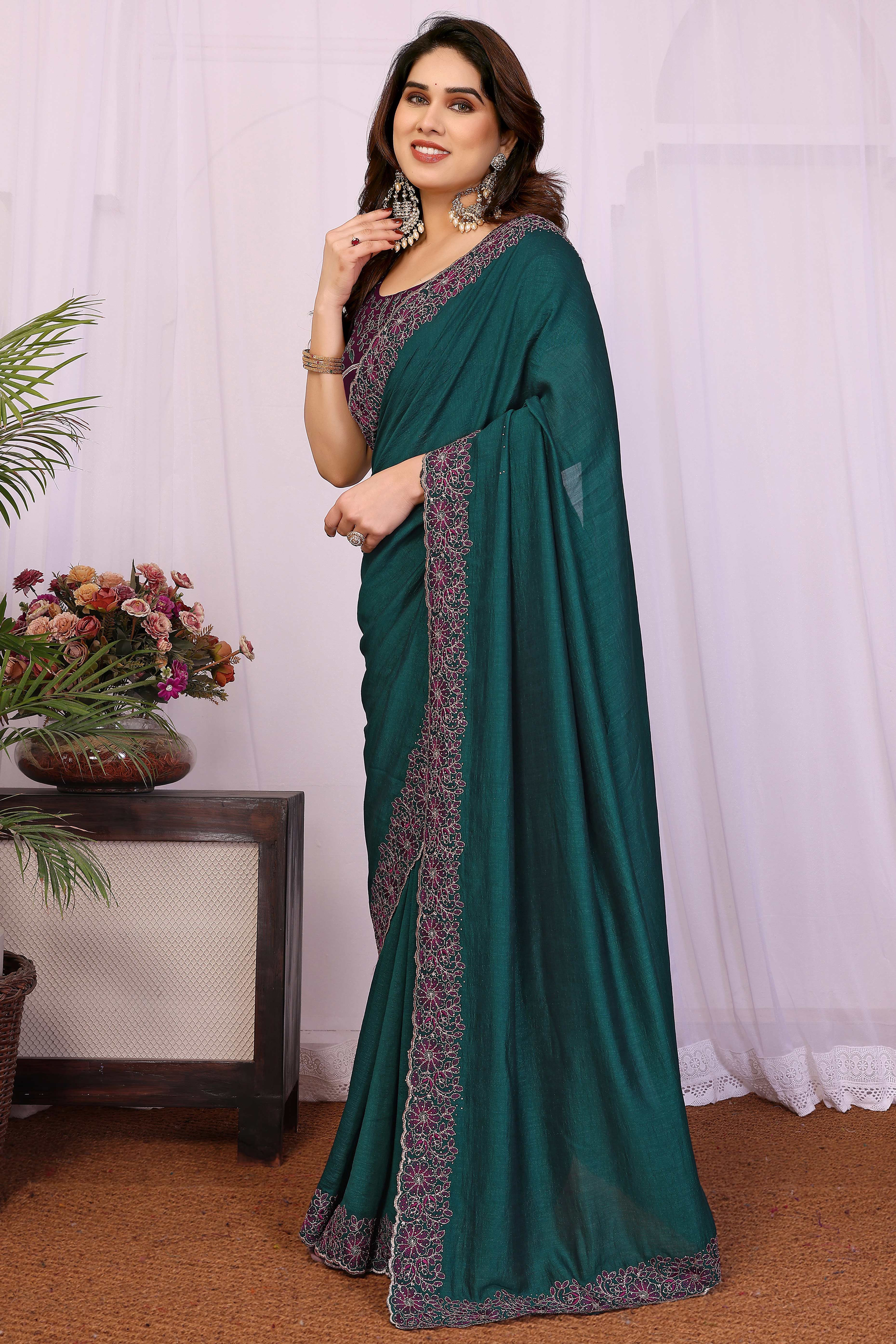 Morpich Green Thread Work Embroidered Vichitra Silk Saree Premium Partywear with Elegant Design