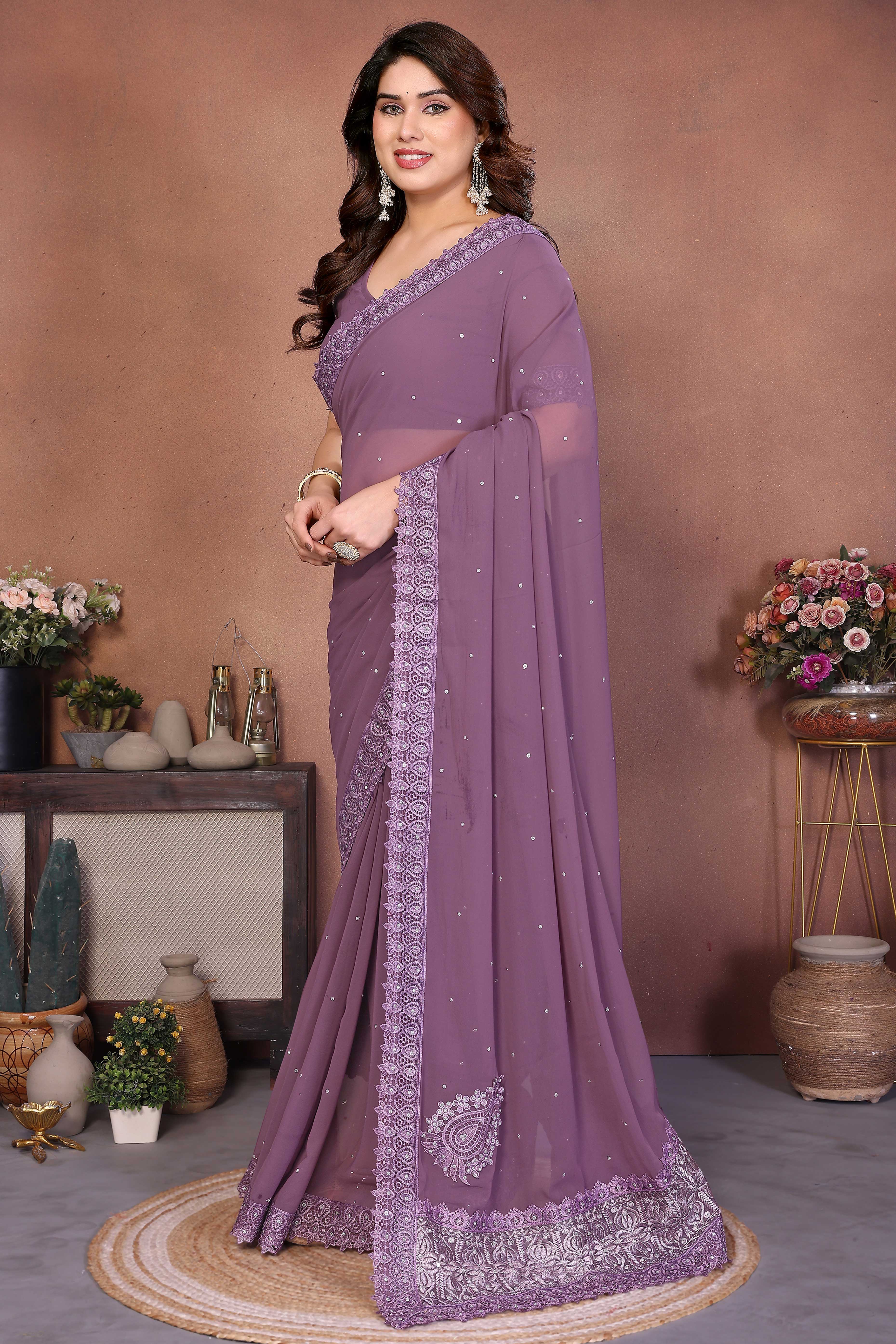 Mauve Designer Georgette Saree Enhanced with Delicate Thread Work Embroidery