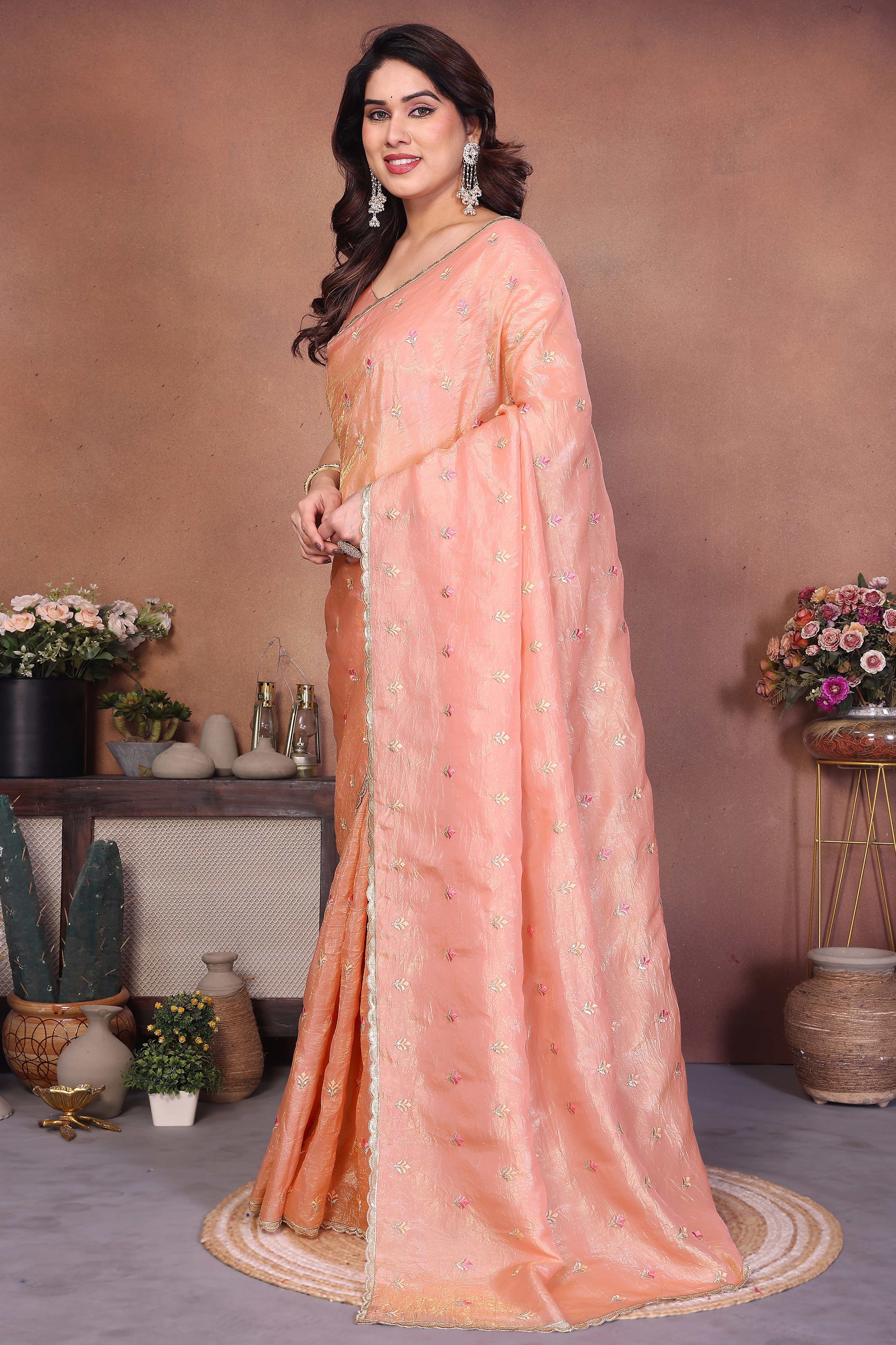 Peach Designer Crepe Saree Enhanced with Delicate Thread Work Embroidery