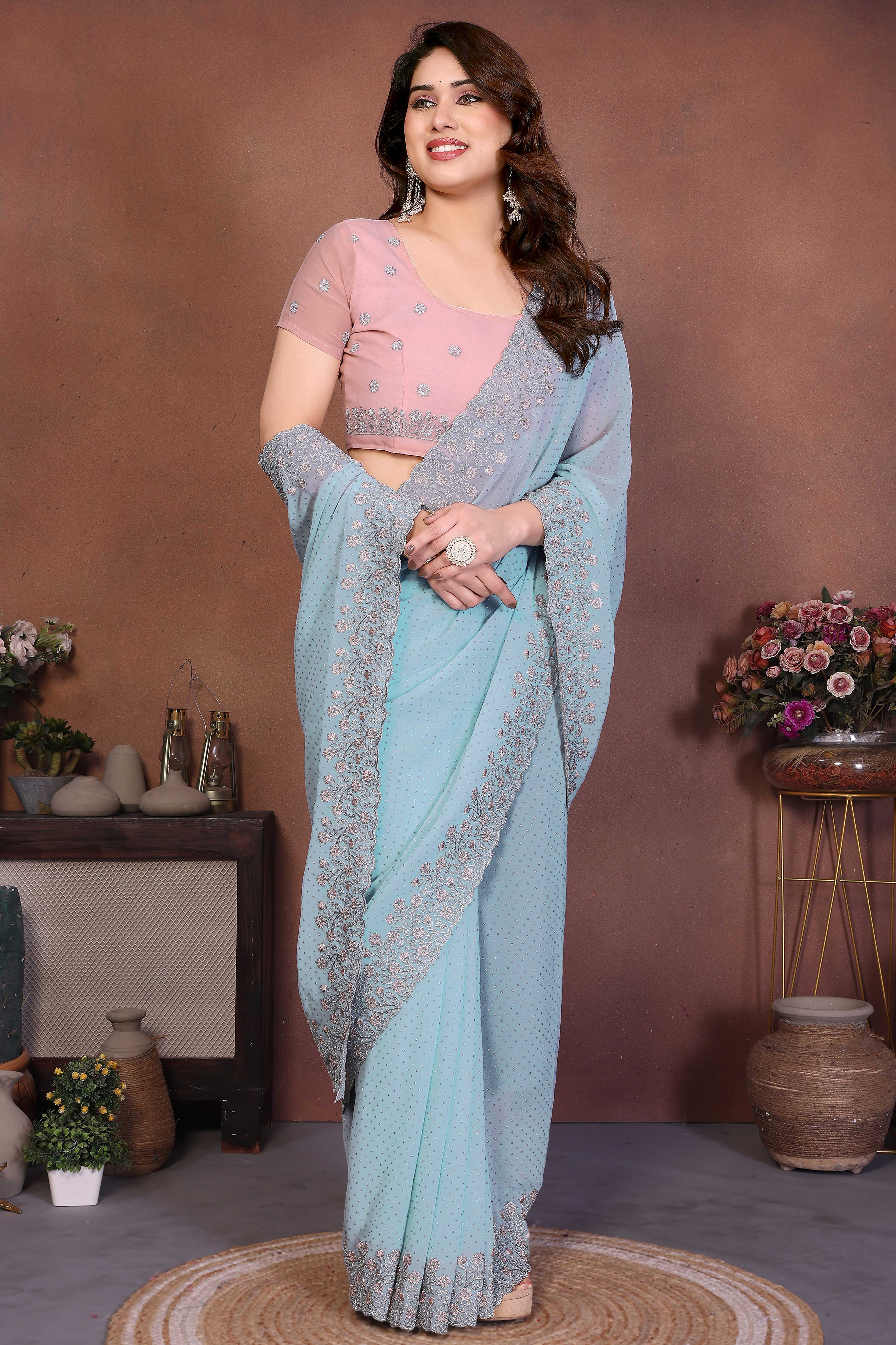 Sky Blue Designer Georgette Saree Enhanced with Delicate Thread Work Embroidery