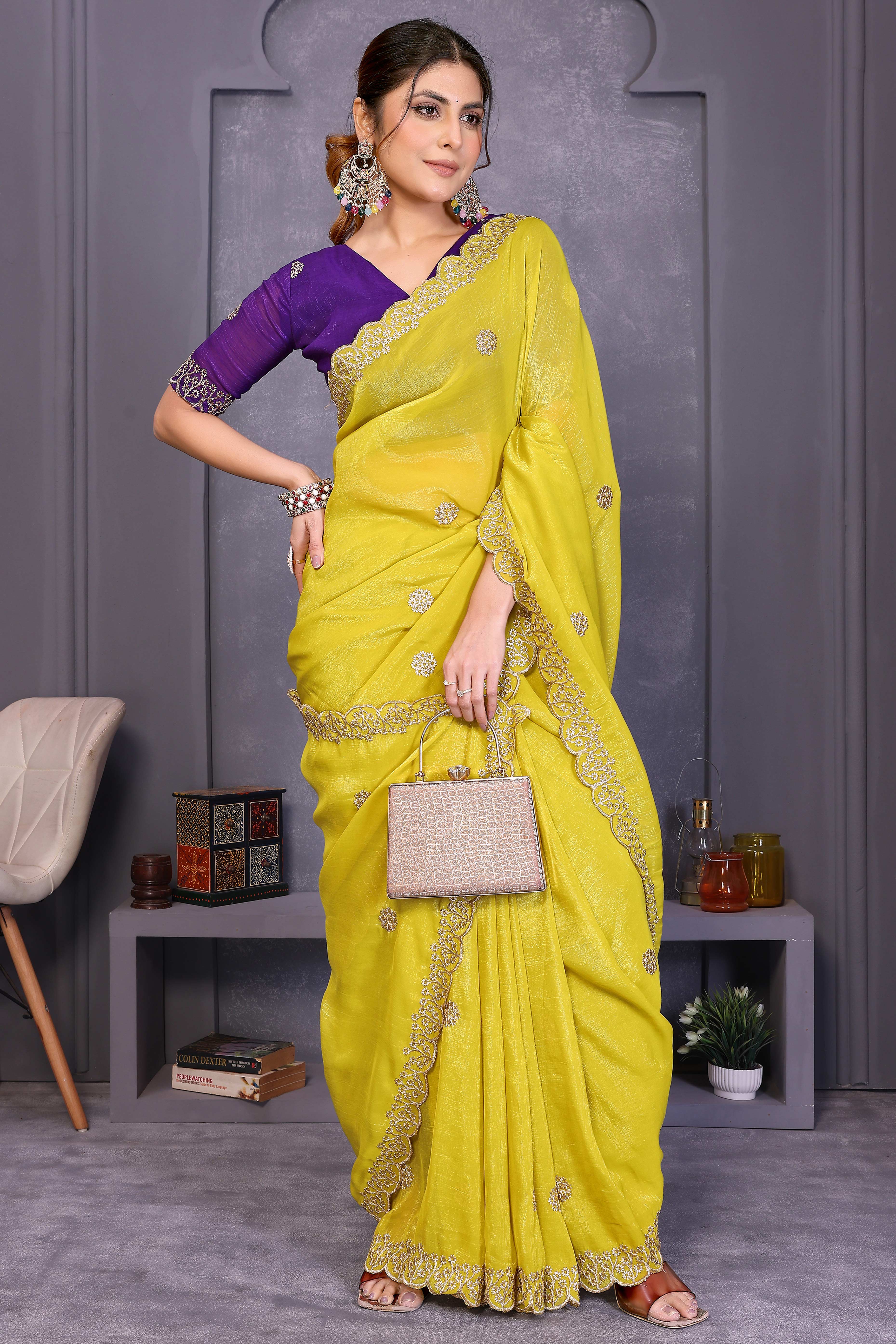 Yellow Designer Crunchy Saree Enhanced with Delicate Thread Work Embroidery