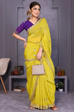 Yellow Designer Crunchy Saree Enhanced with Delicate Thread Work Embroidery