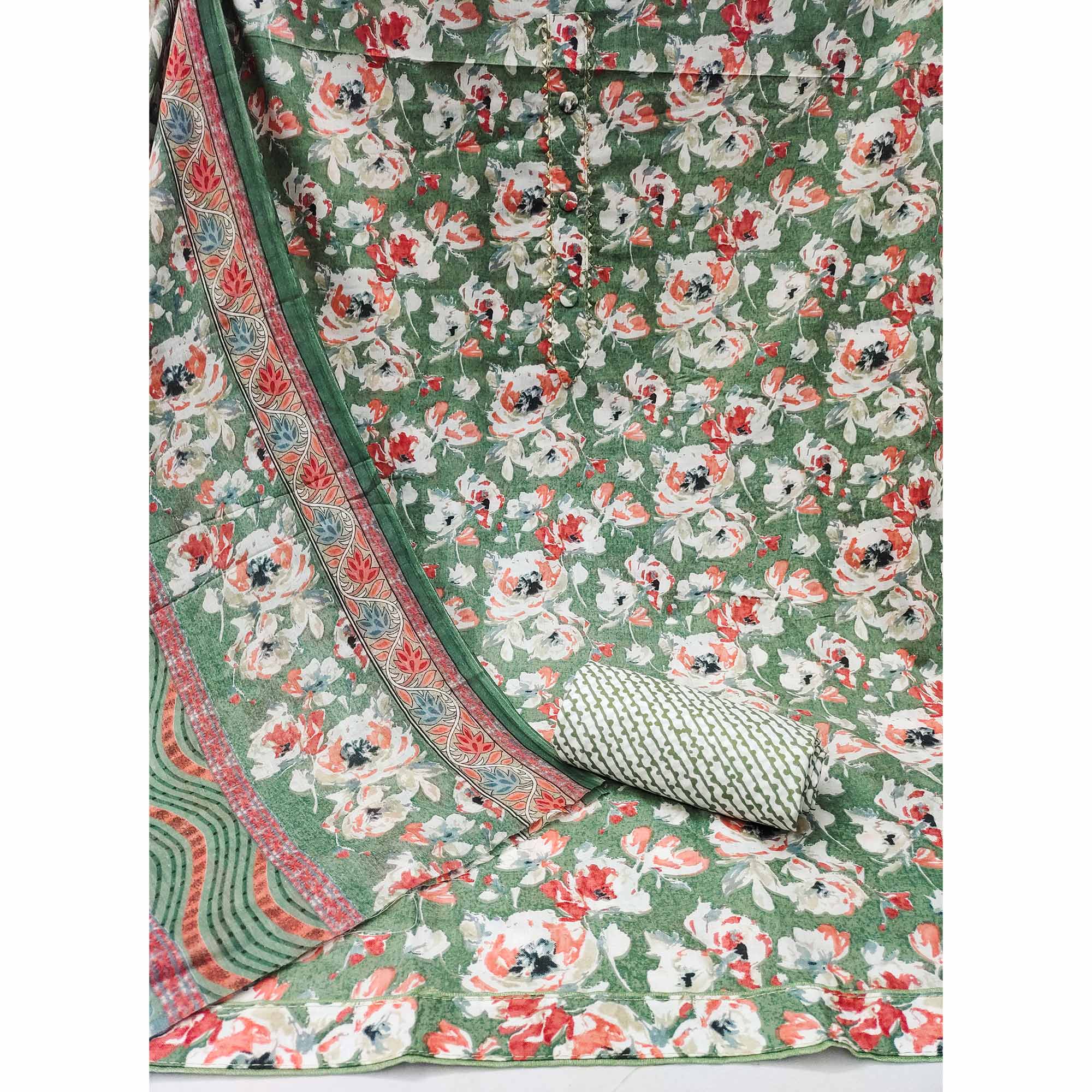 Green Floral Printed Pure Cotton Dress Material