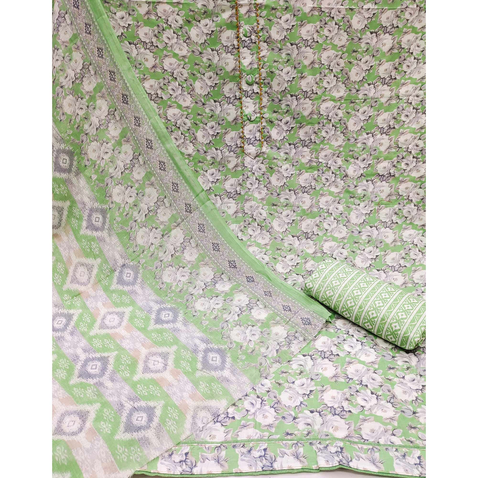 Green Floral Printed Pure Cotton Dress Material