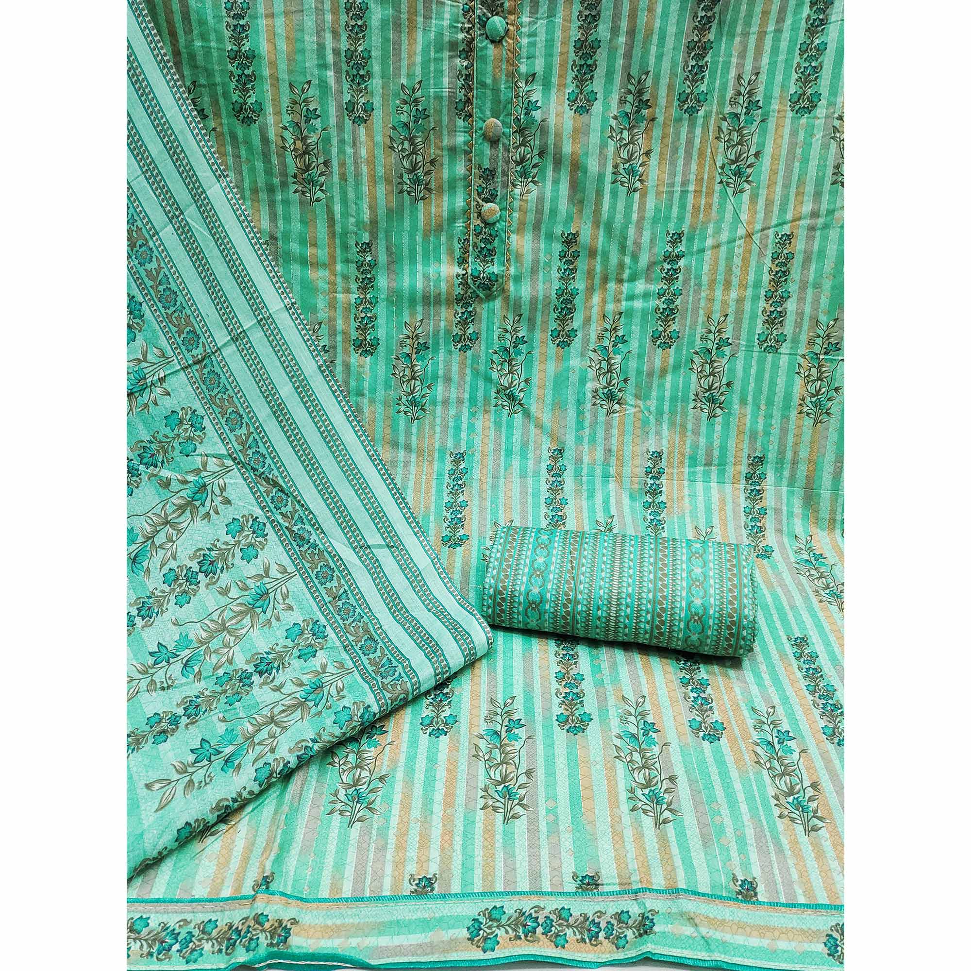 Turquoise Floral Printed Pure Cotton Dress Material