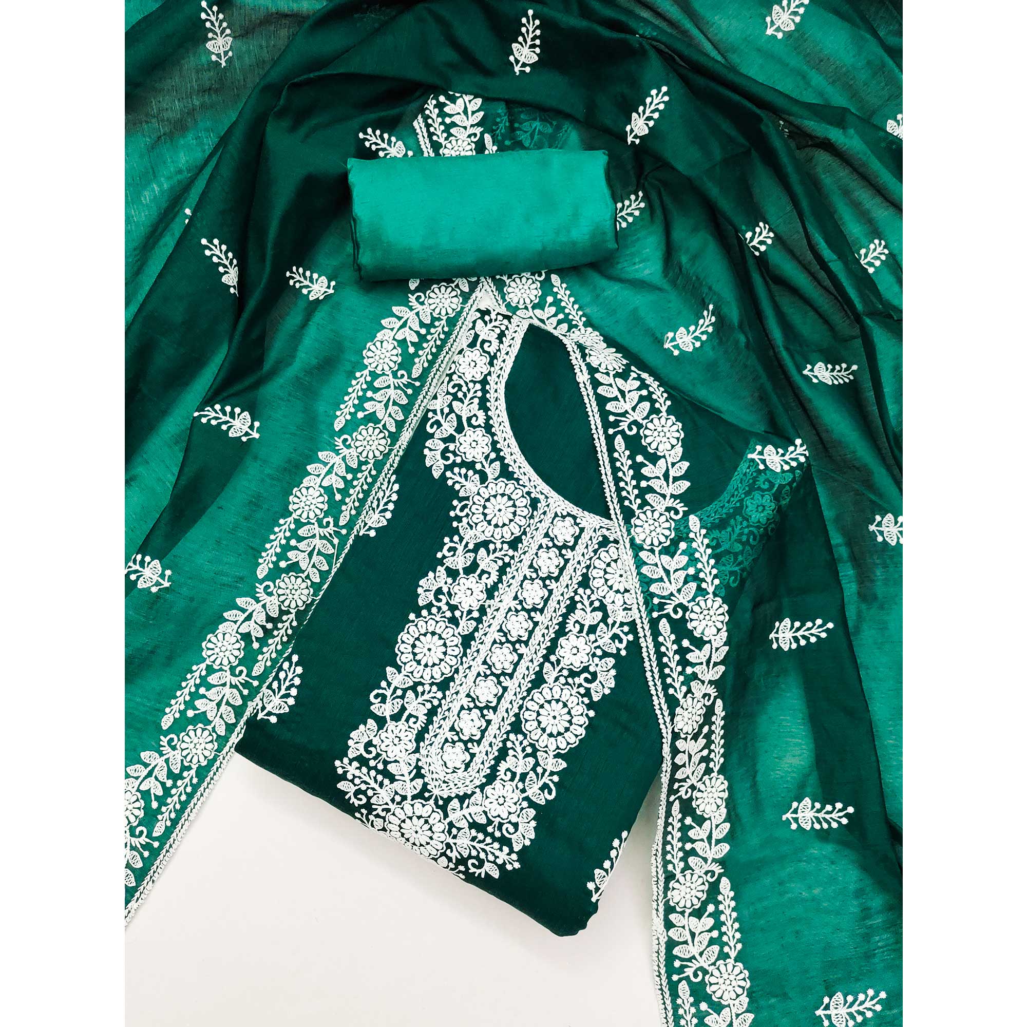 Green Floral Embroidered Modal Dress Material