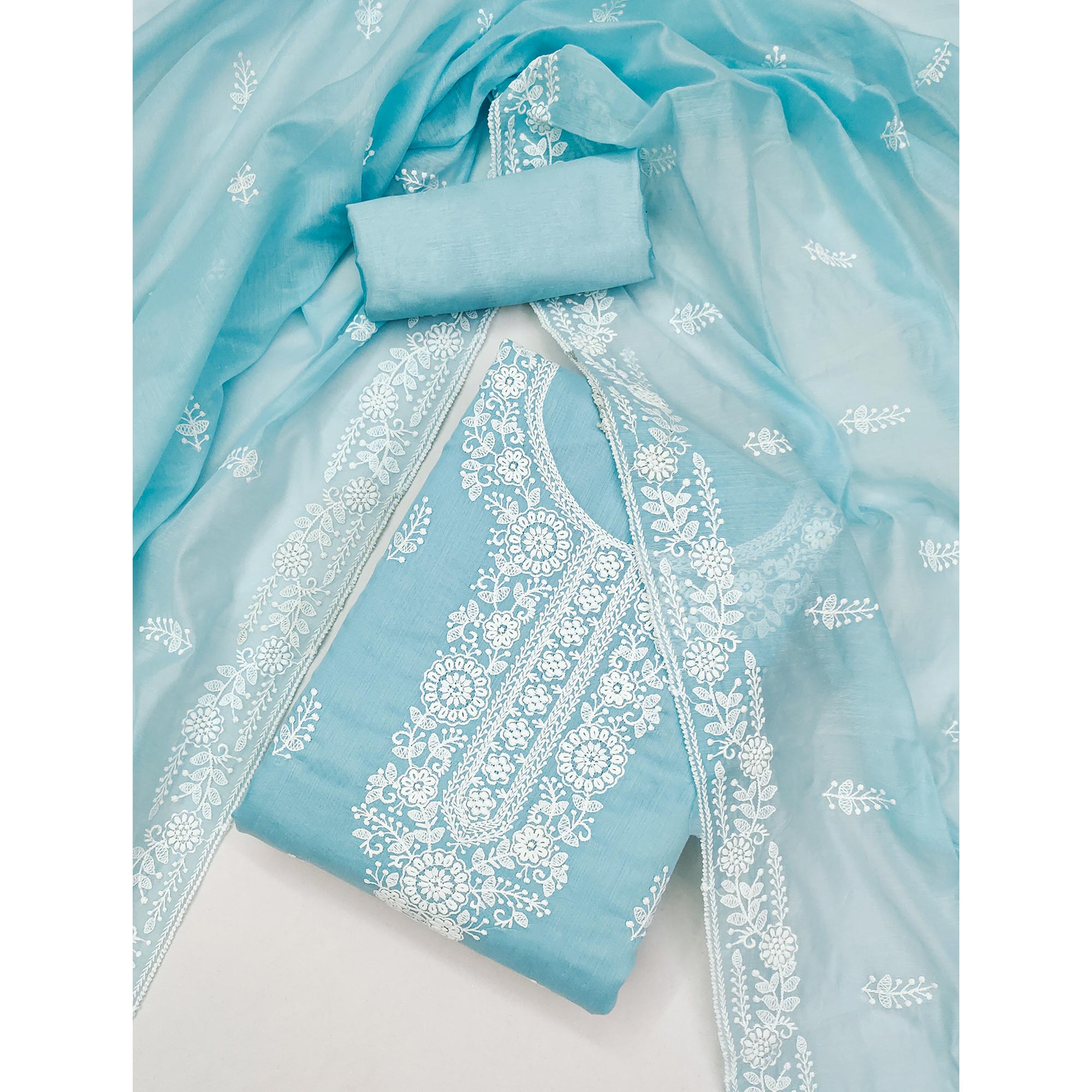 Sky Blue Floral Embroidered Modal Dress Material