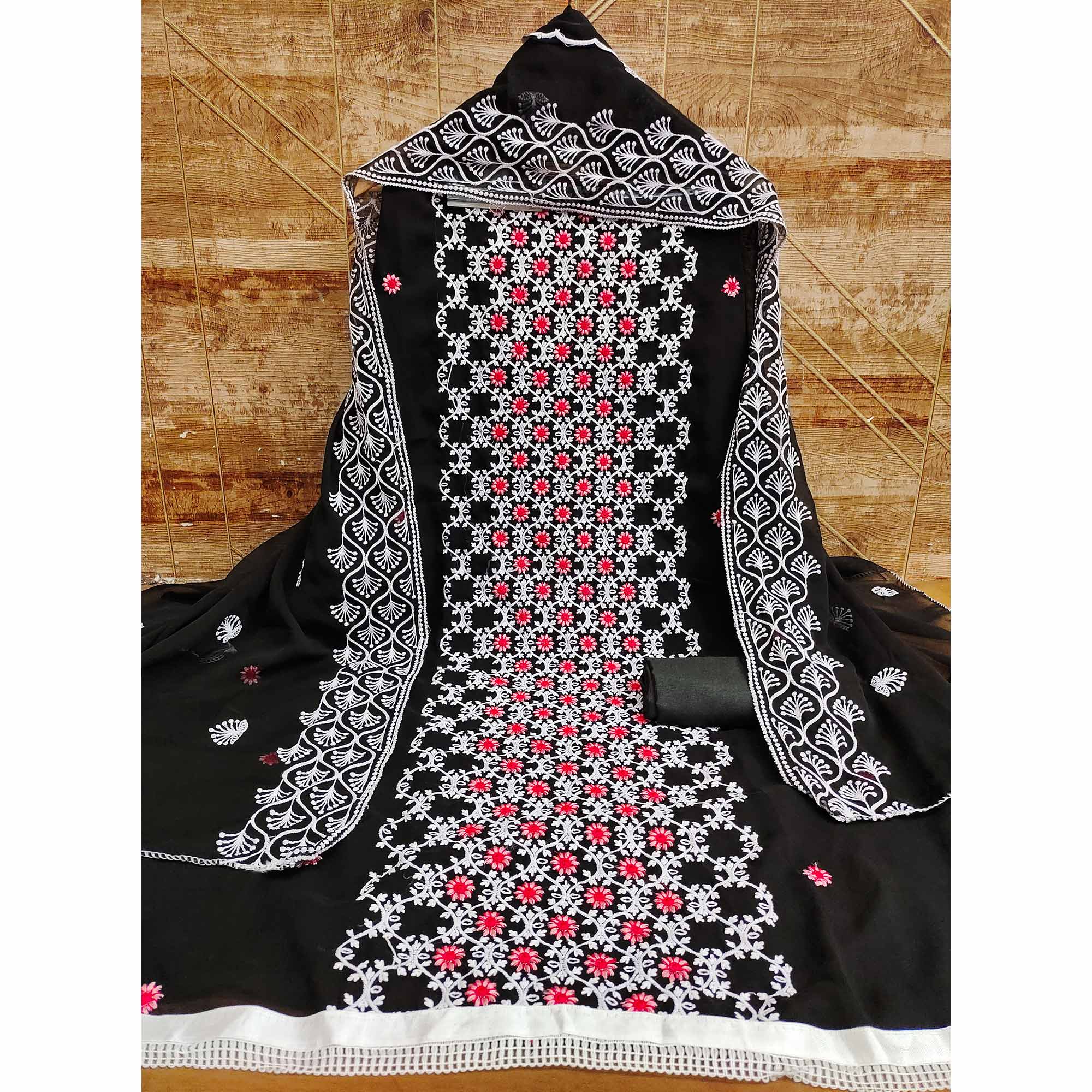 Black Embroidered Georgette Dress Material