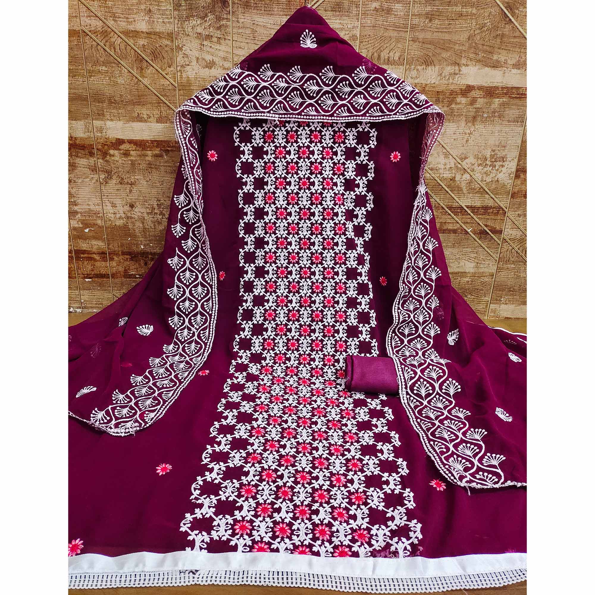 Wine Embroidered Georgette Dress Material