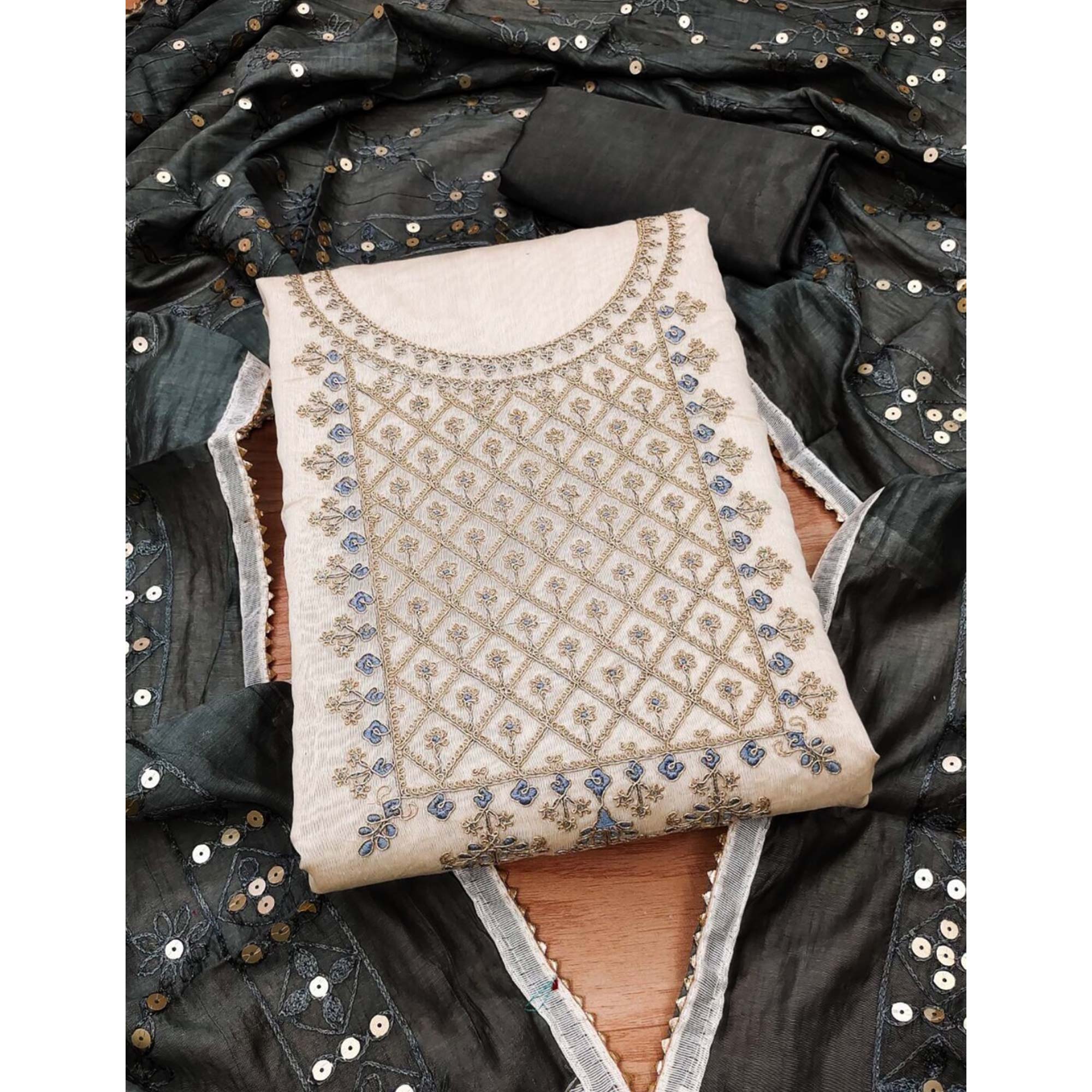 Cream Floral Embroidered Modal Dress Material