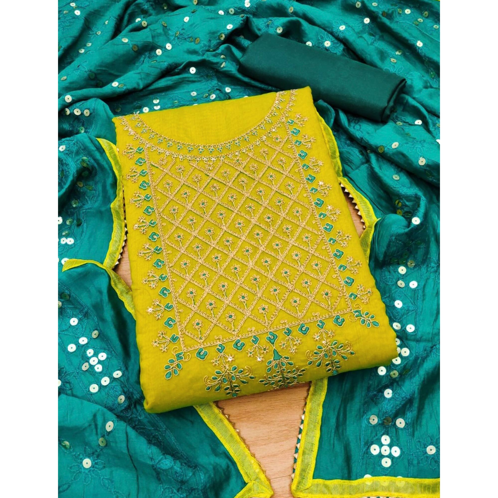 Green Floral Embroidered Modal Dress Material