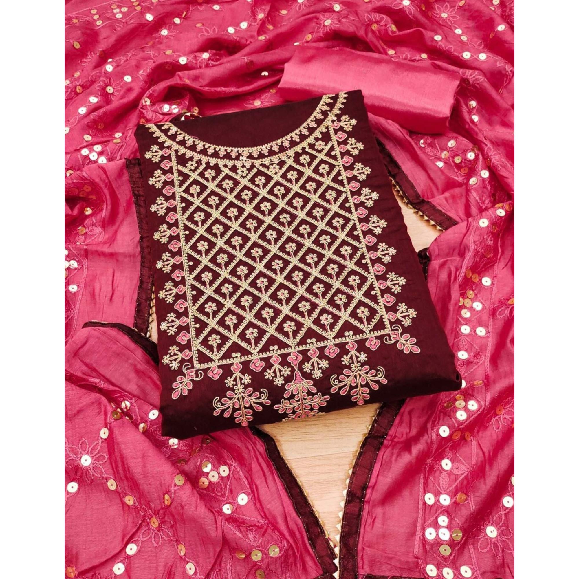 Maroon Floral Embroidered Modal Dress Material