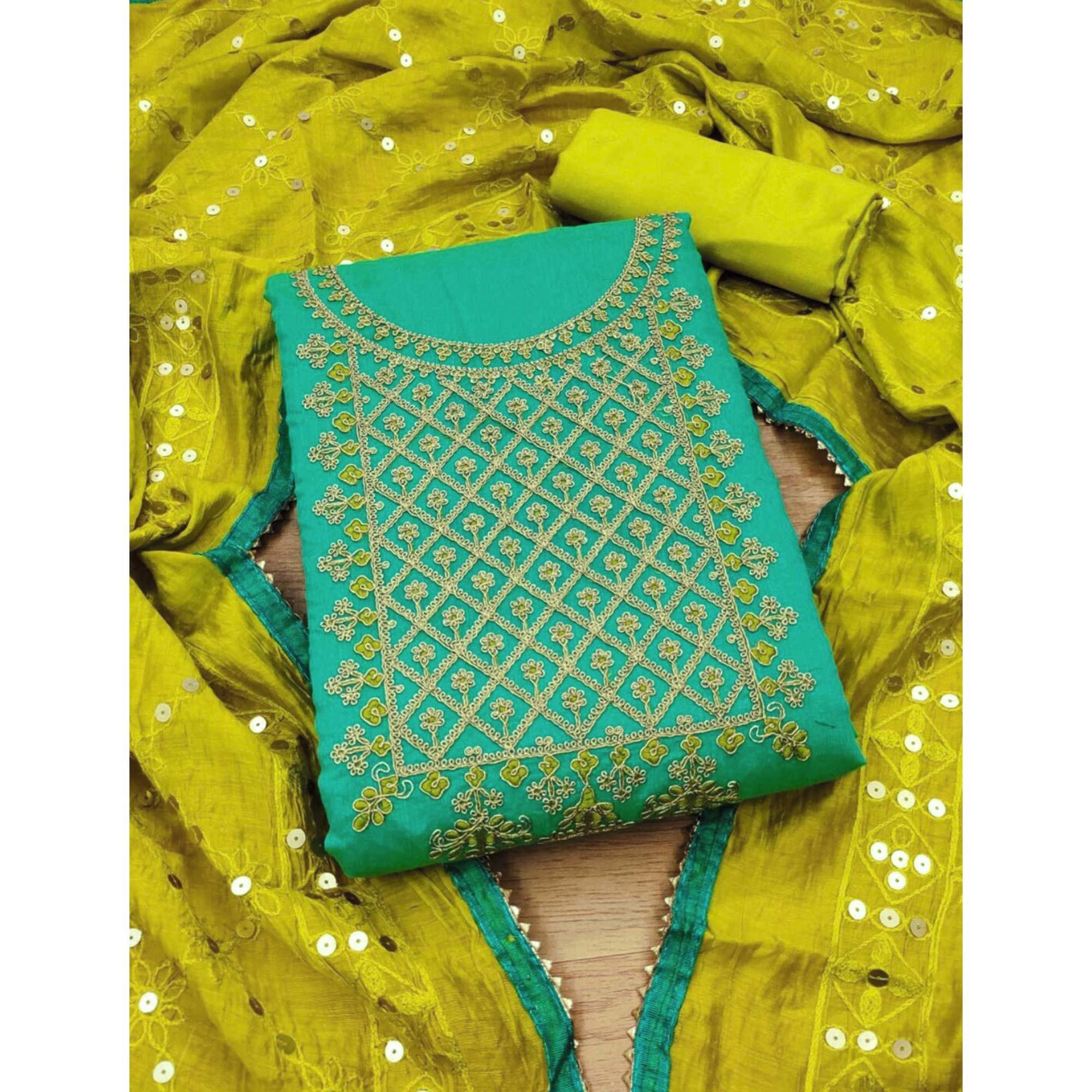 Turquoise Floral Embroidered Modal Dress Material