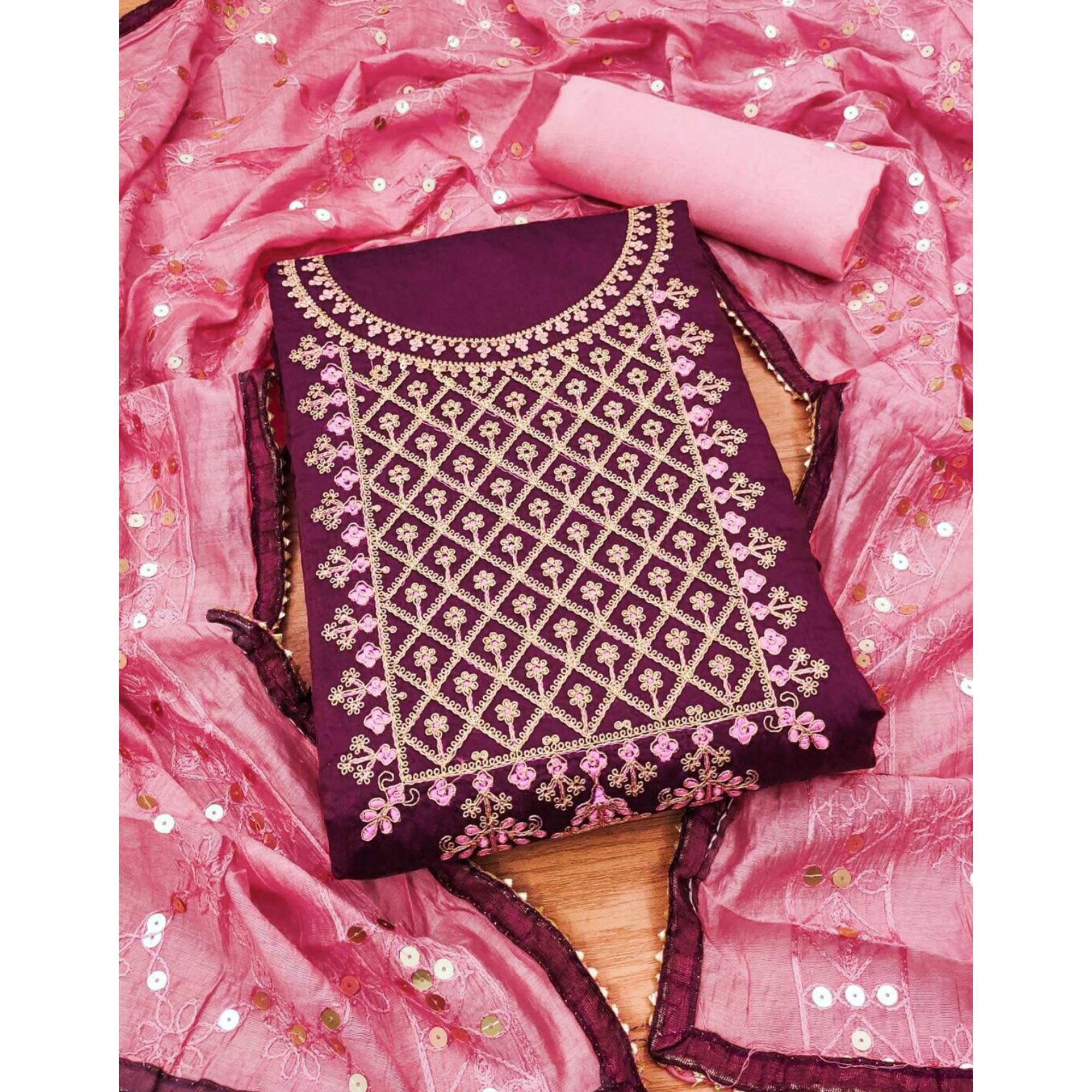 Wine Floral Embroidered Modal Dress Material