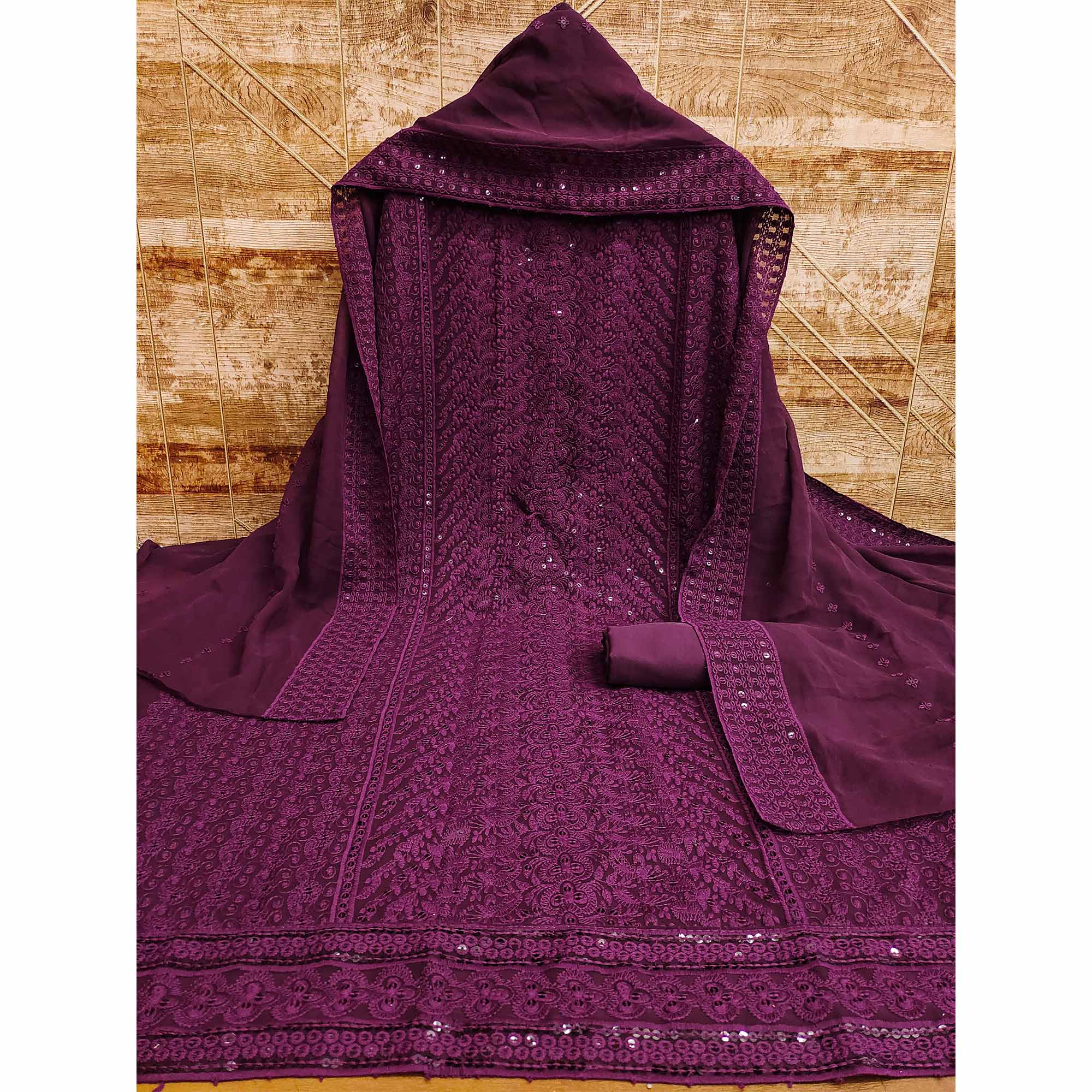 Wine Lucknowi Embroidered Georgette Dress Material