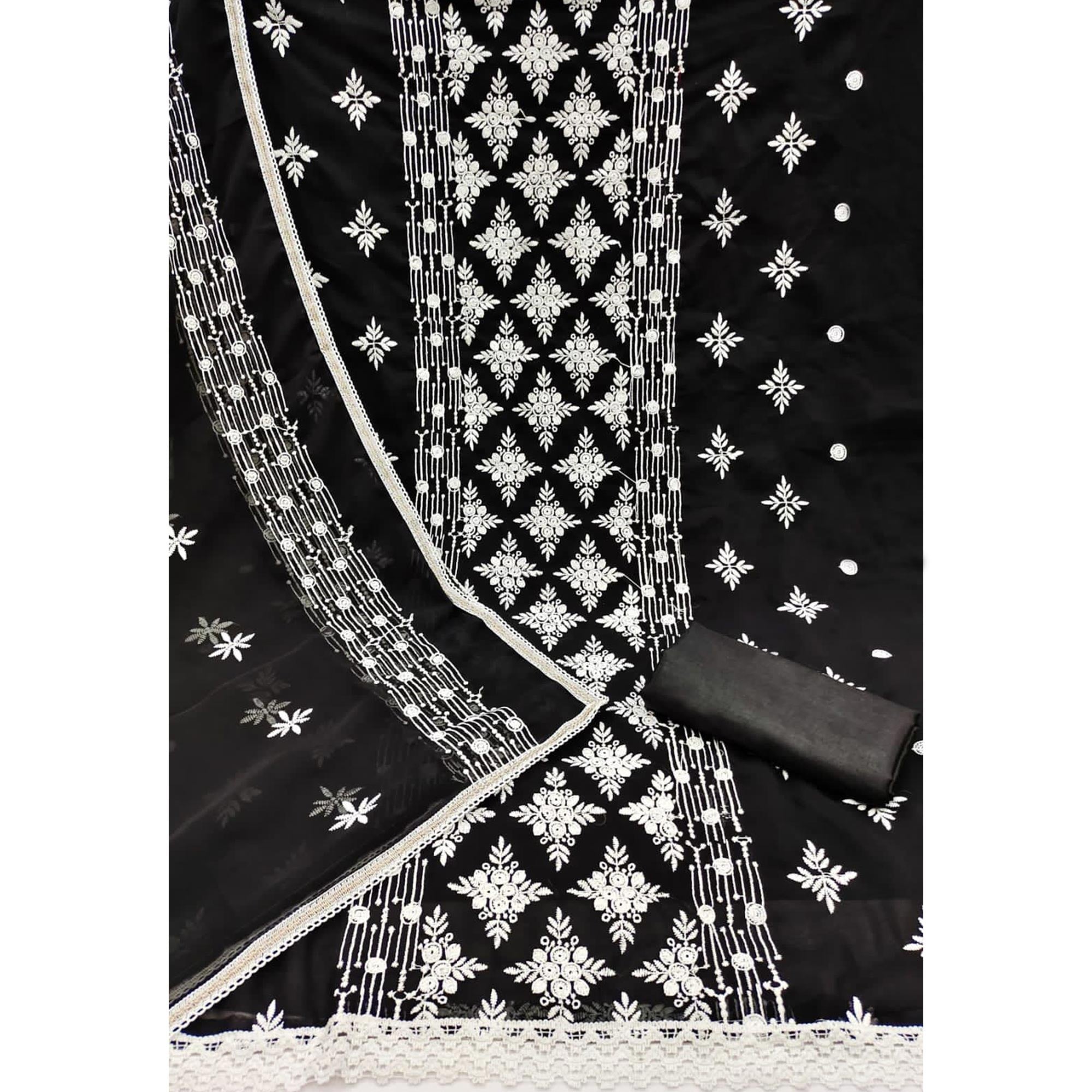 Black Floral Embroidered Georgette Dress Material
