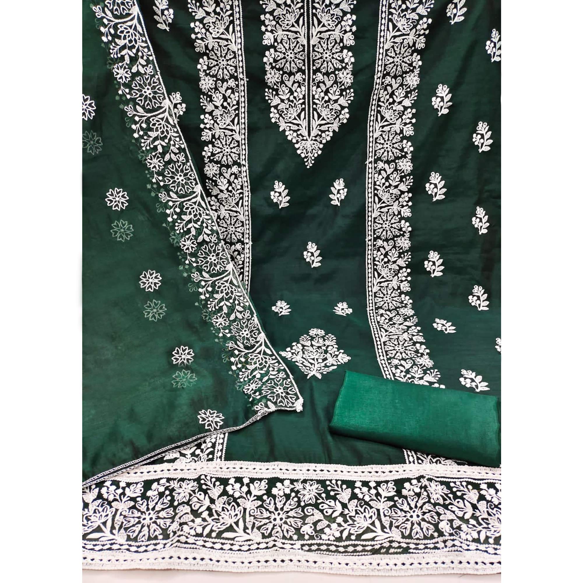 Green Floral Embroidered Modal Dress Material
