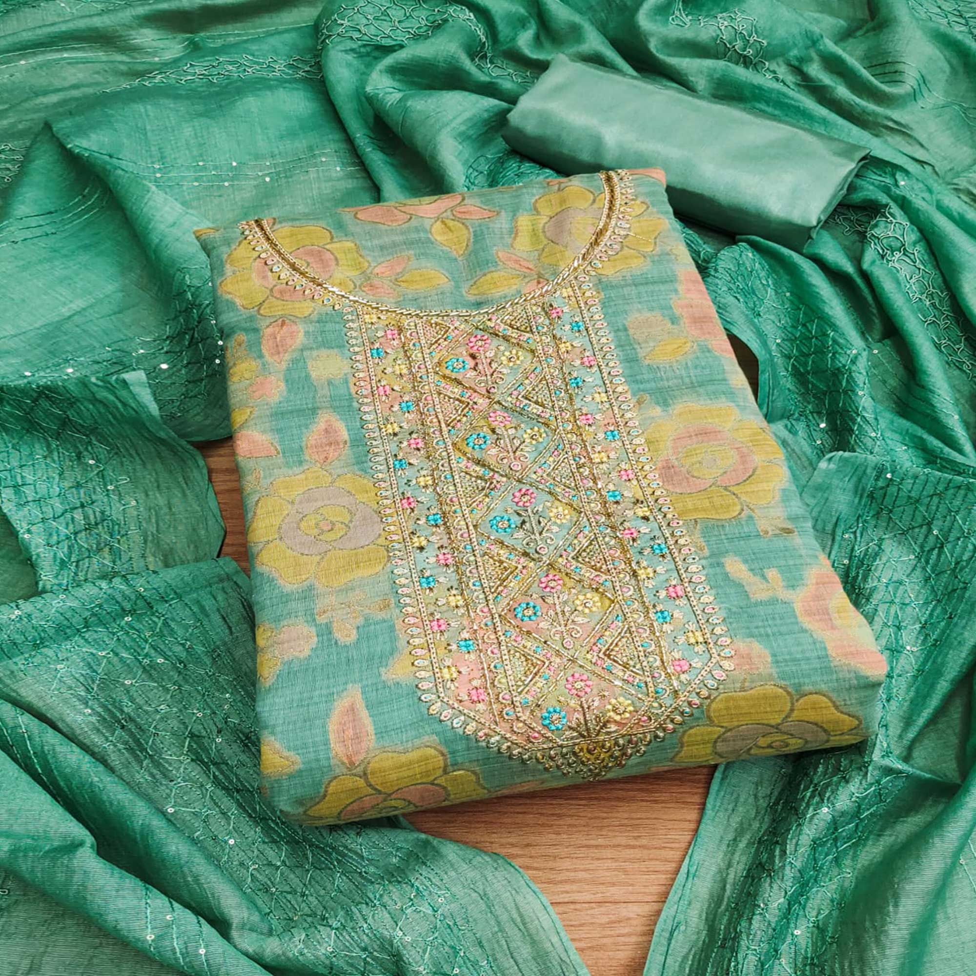 Turquoise Floral Embroidered Modal Dress Material